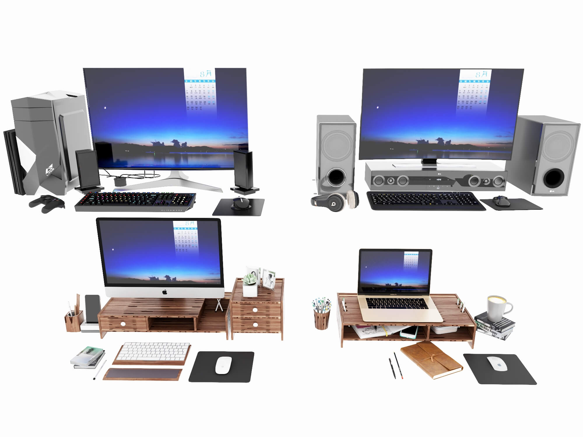 Computer Desk Setups Collection Gaming and Office 3D Model