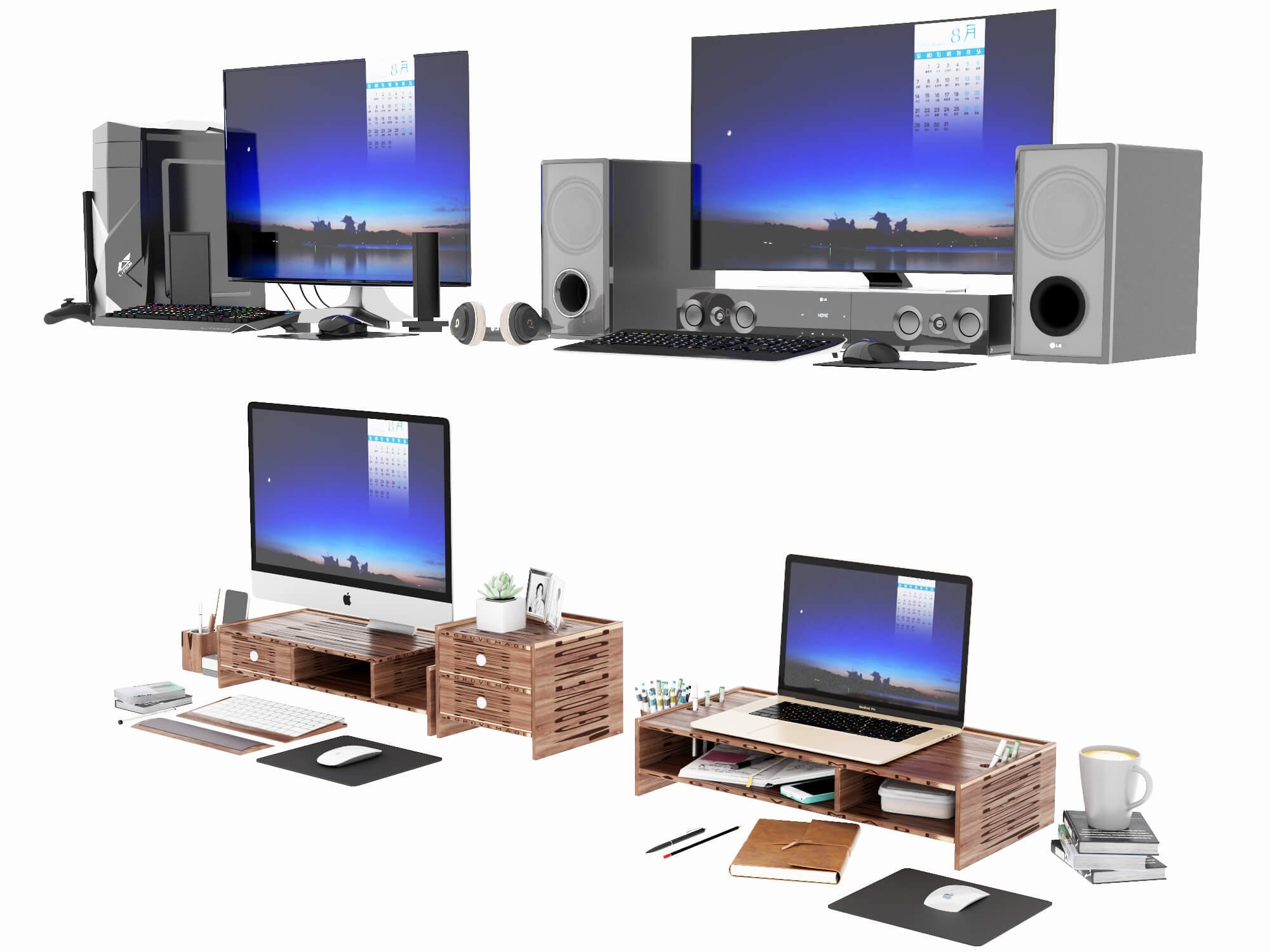 Computer Desk Setups Collection Gaming and Office 3D Model