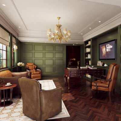 Traditional-Style Study and Office Space with Green Walls