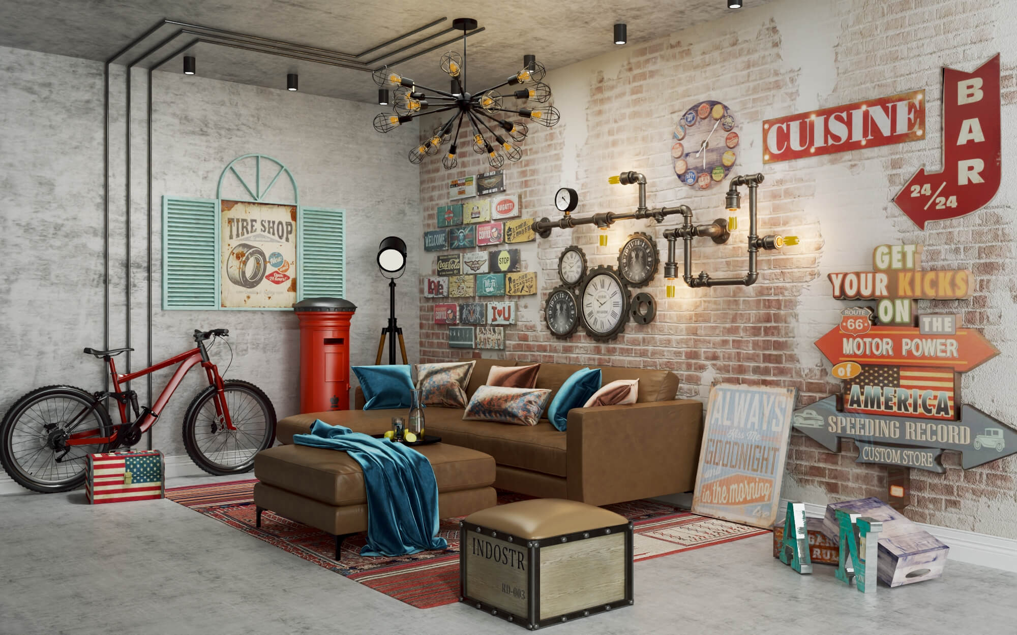 Industrial-style vintage loft living room 3D Model