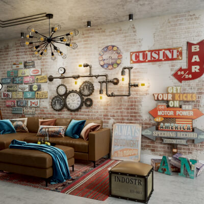 Industrial-style vintage loft living room
