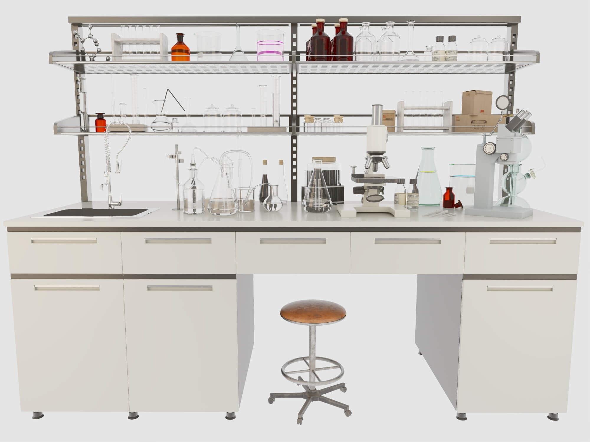 Laboratory Workbench with Glassware and Microscopes 3D Model