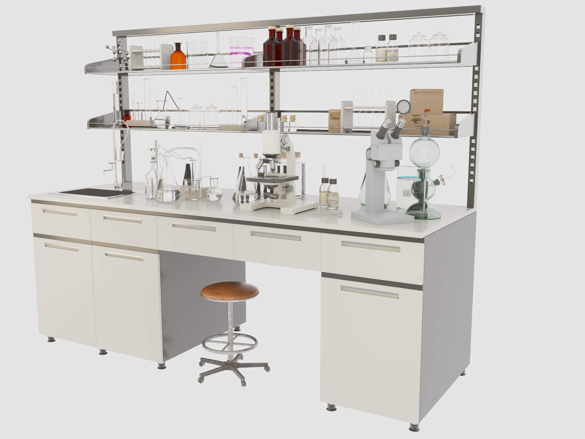 Laboratory Workbench with Glassware and Microscopes 3D Model