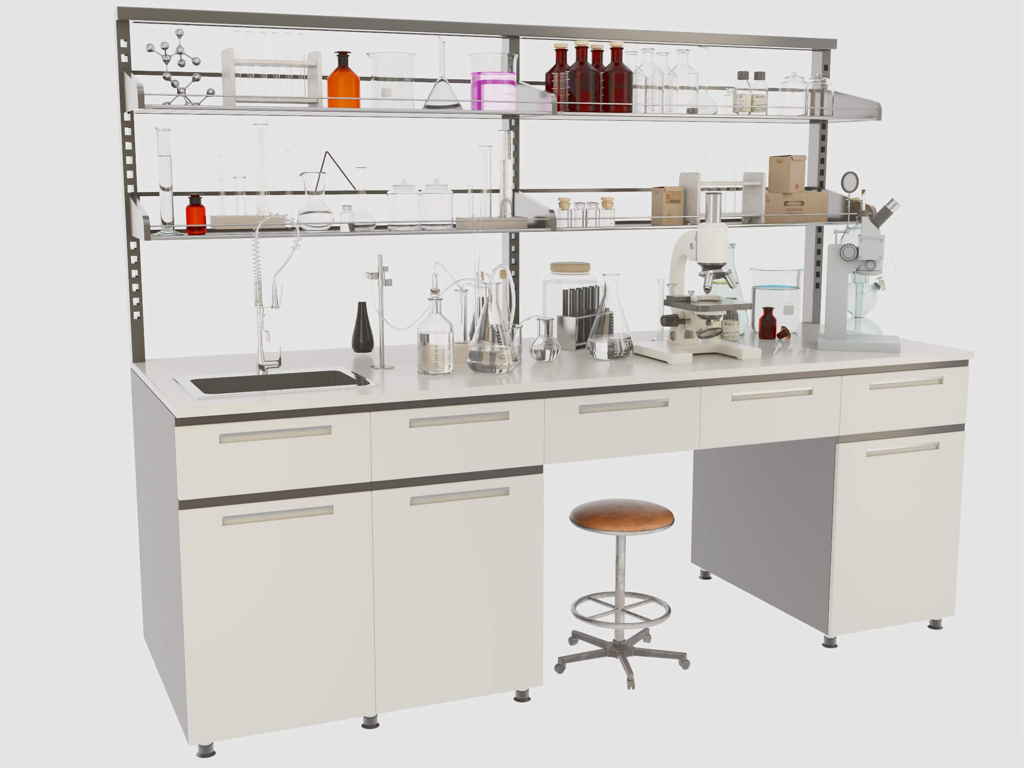 Laboratory Workbench with Glassware and Microscopes 3D Model