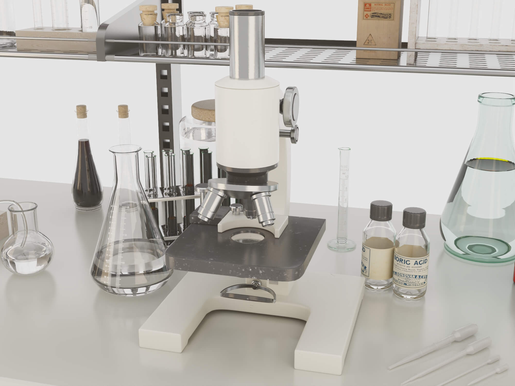 Laboratory Workbench with Glassware and Microscopes 3D Model
