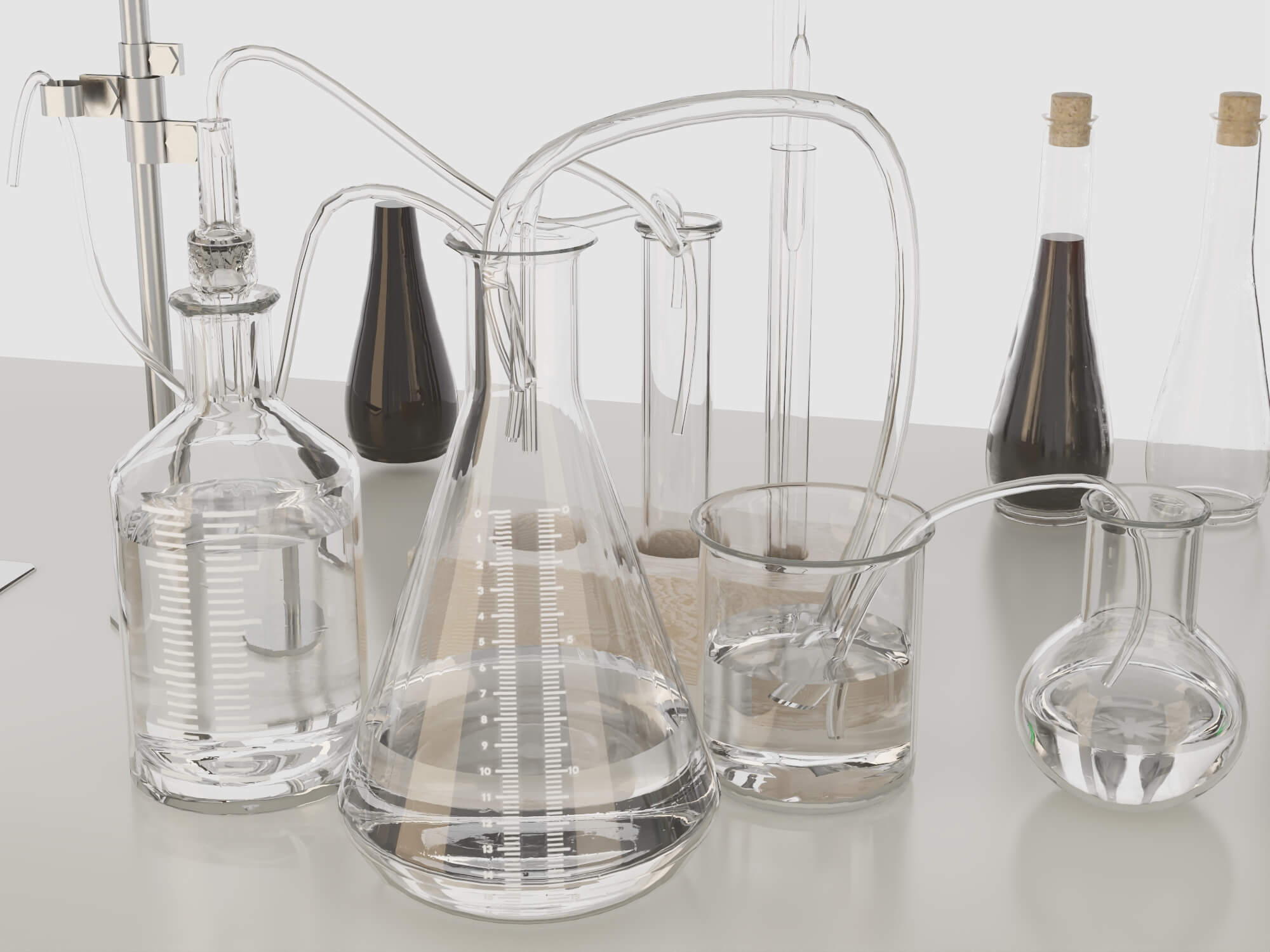Laboratory Workbench with Glassware and Microscopes 3D Model
