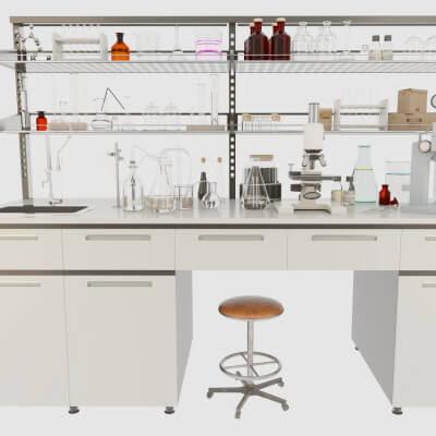 Laboratory Workbench with Glassware and Microscopes