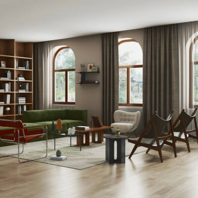 Modern Living Room with Green Sofa and Wooden Bookshelves