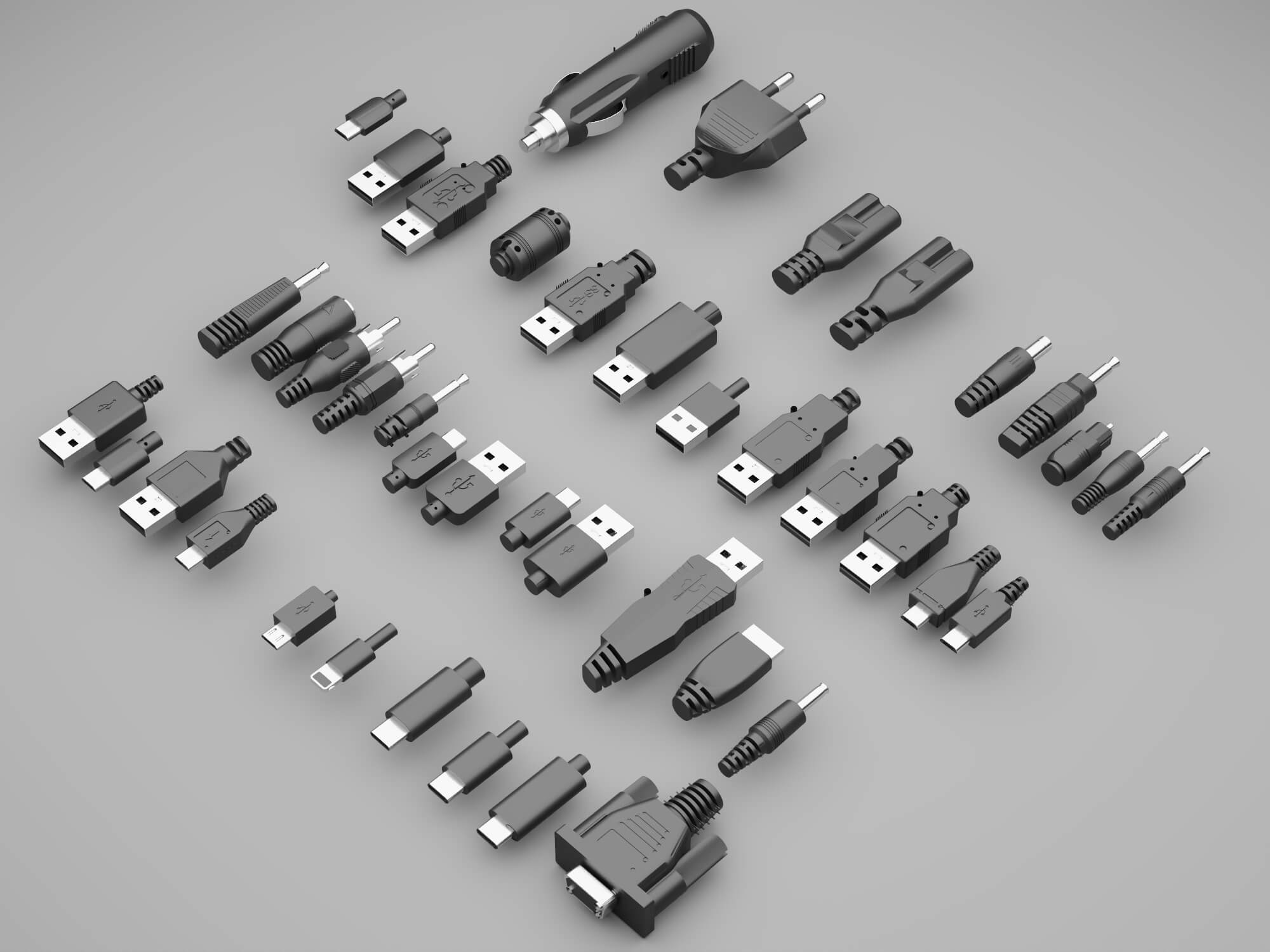 USB Connectors Chargers and Cables Collection 3D Model