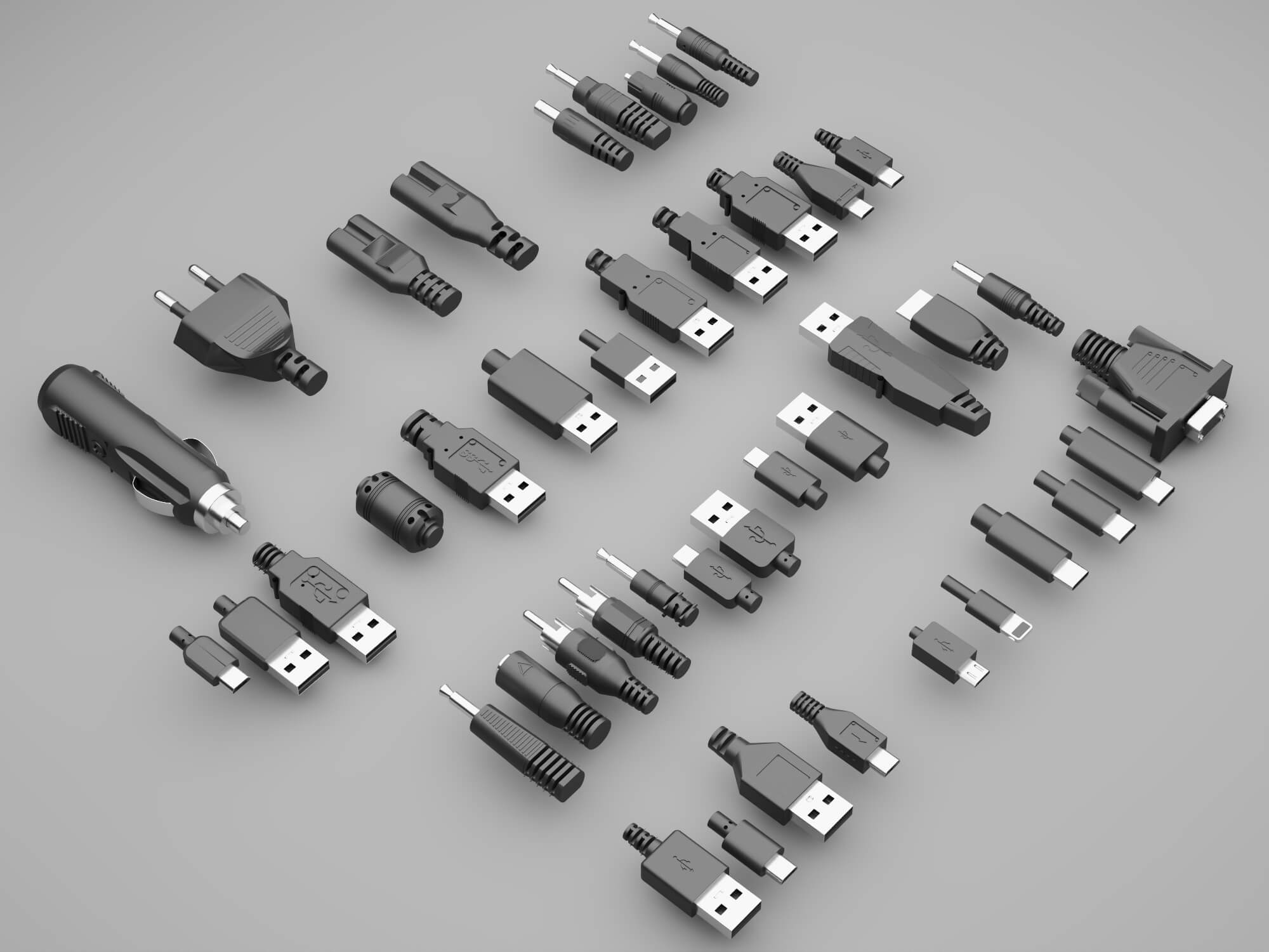 USB Connectors Chargers and Cables Collection 3D Model