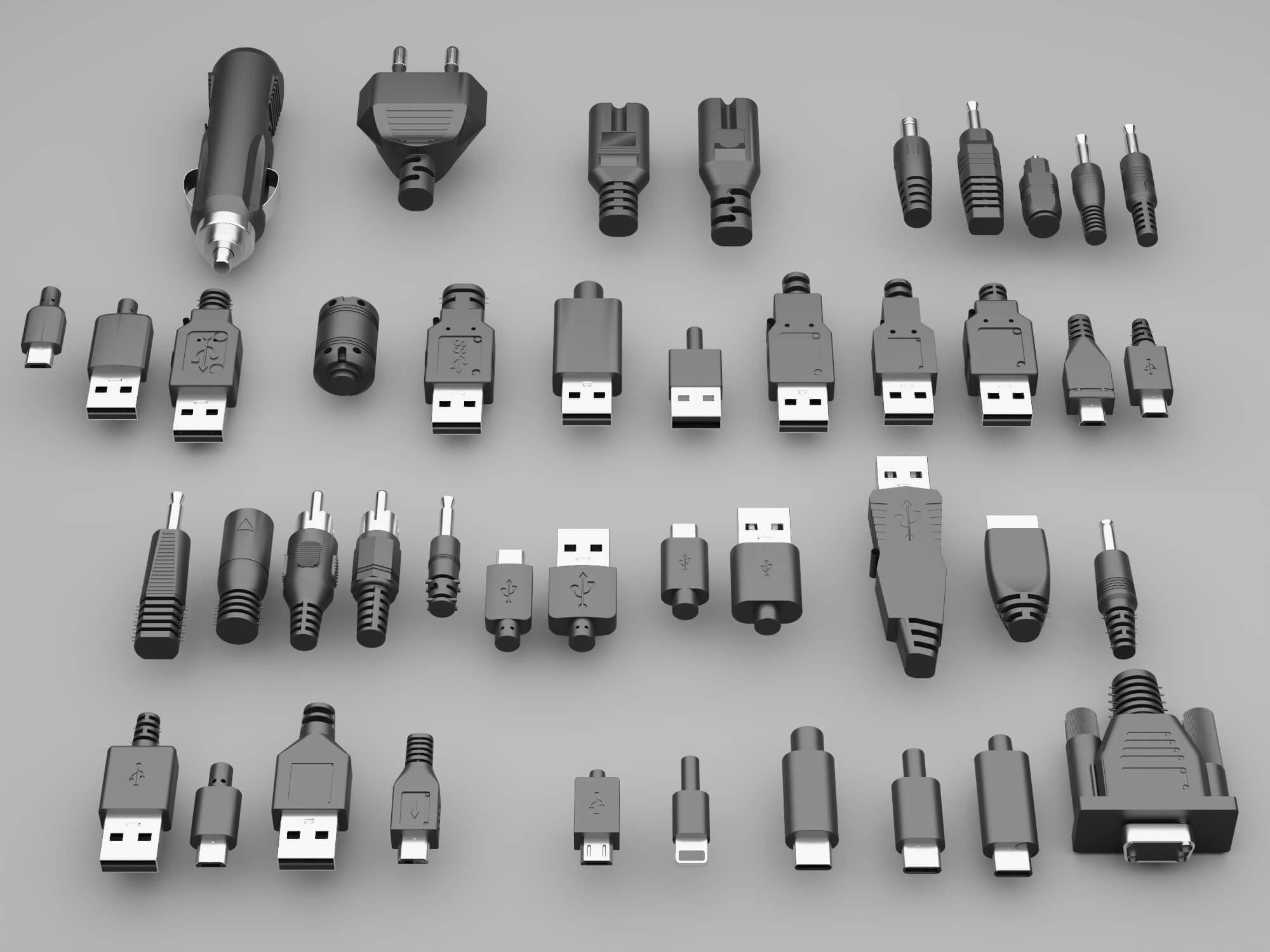USB Connectors Chargers and Cables Collection 3D Model