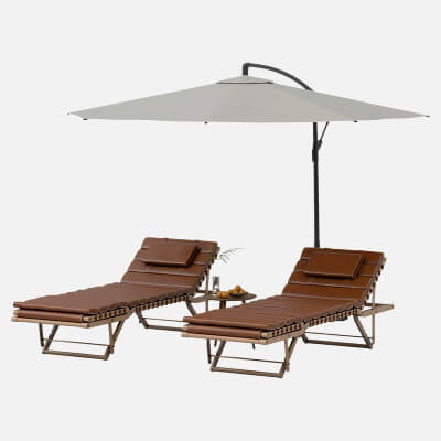 3D Outdoor Patio Lounge Set: 2 Brown Chaises, Side Table