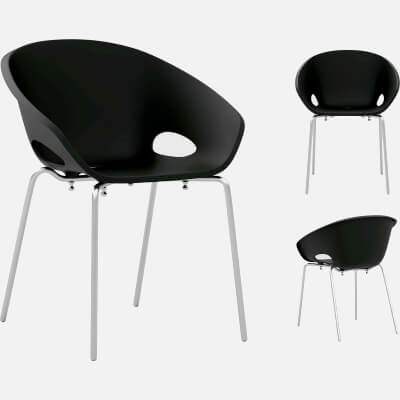Black Molded Armchair with Chrome Metal Legs 3D Model
