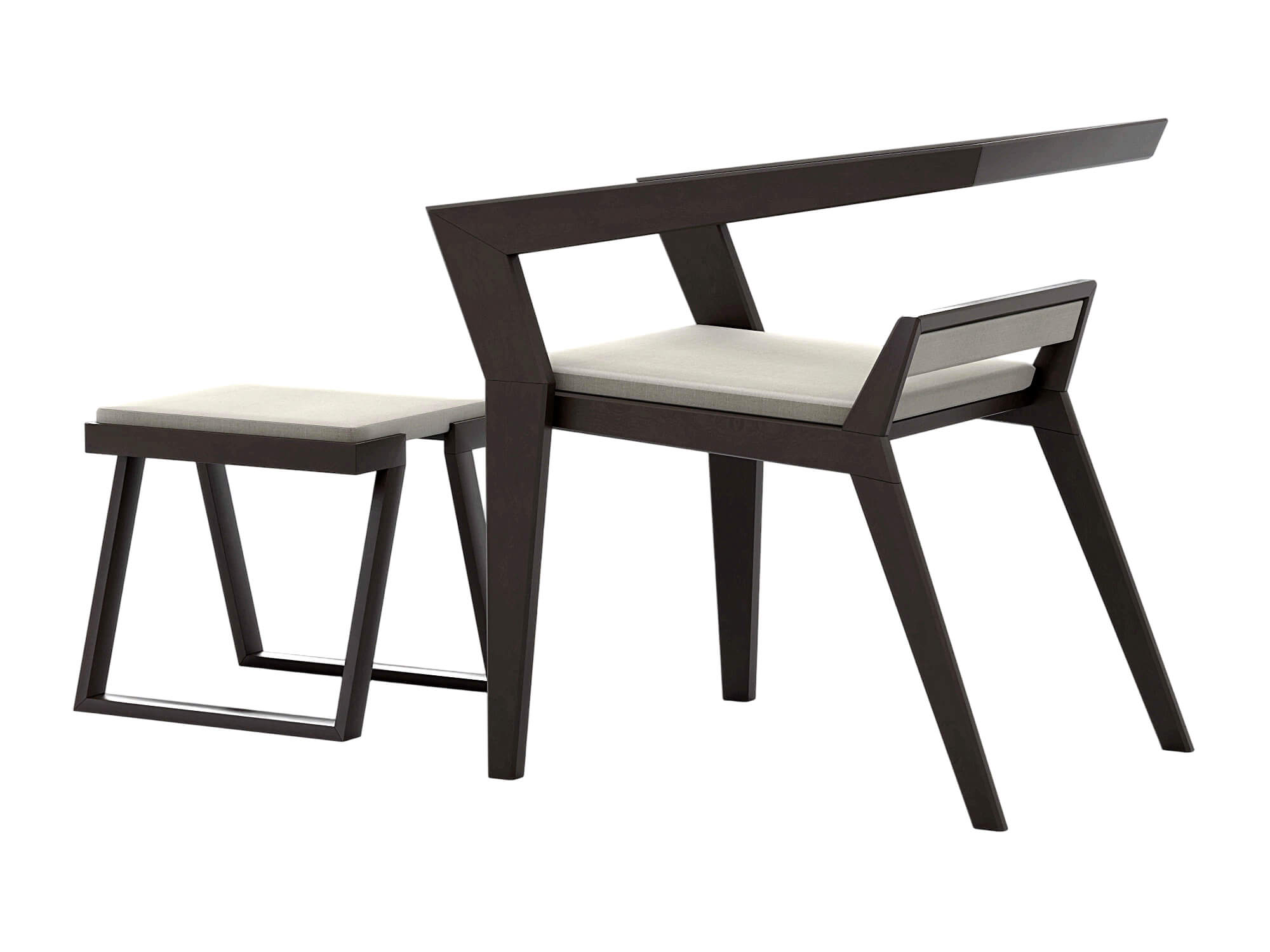 Dark Angular Frame Chair and Matching Stool with Light 3D Model