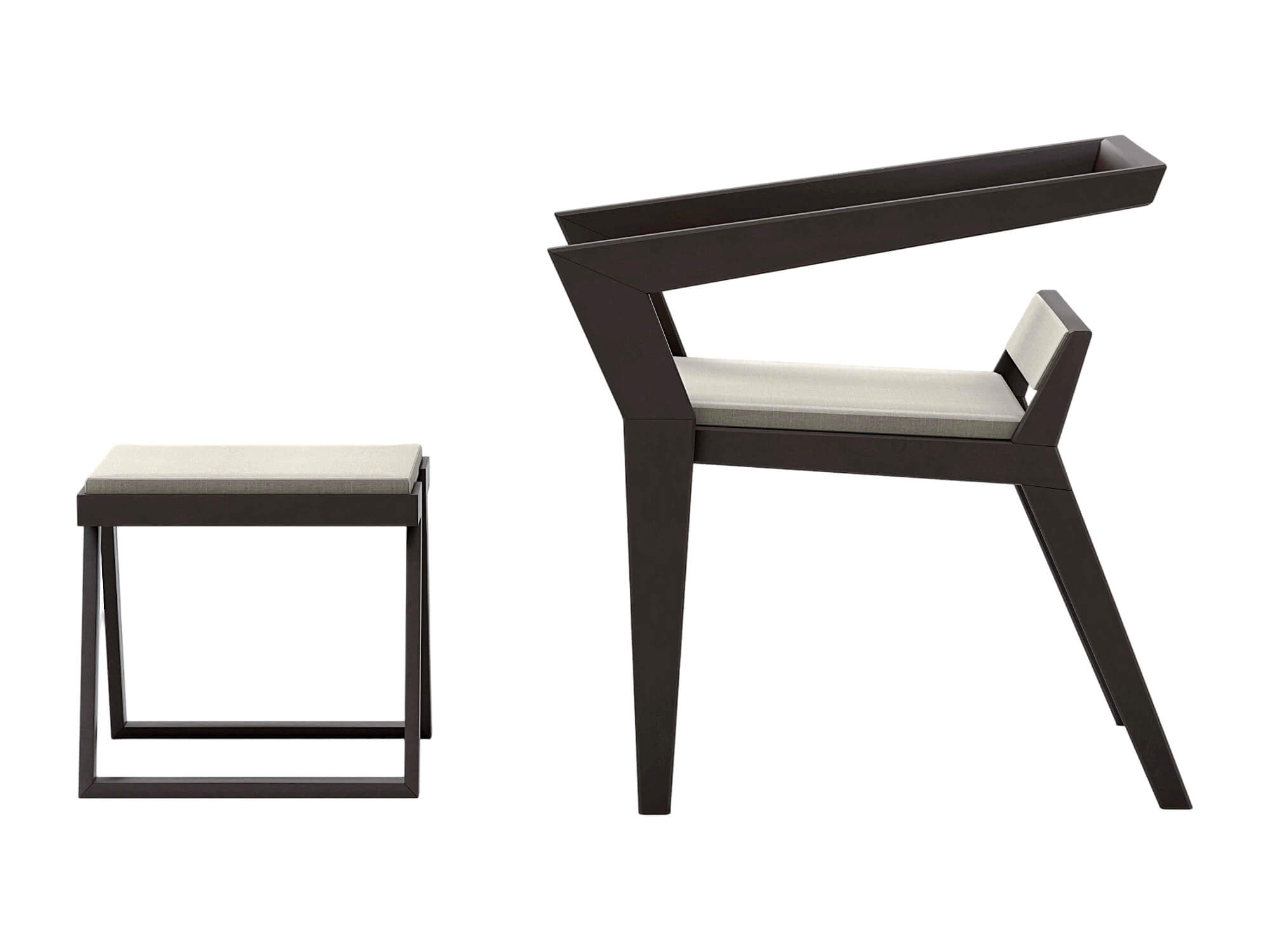 Dark Angular Frame Chair and Matching Stool with Light 3D Model