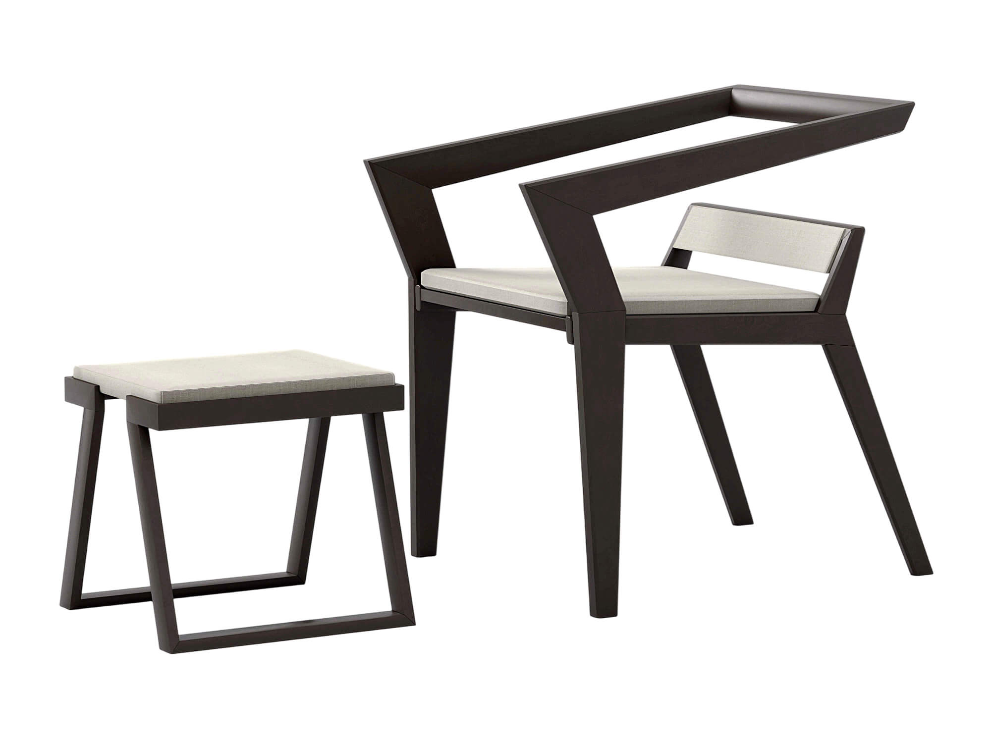 Dark Angular Frame Chair and Matching Stool with Light 3D Model