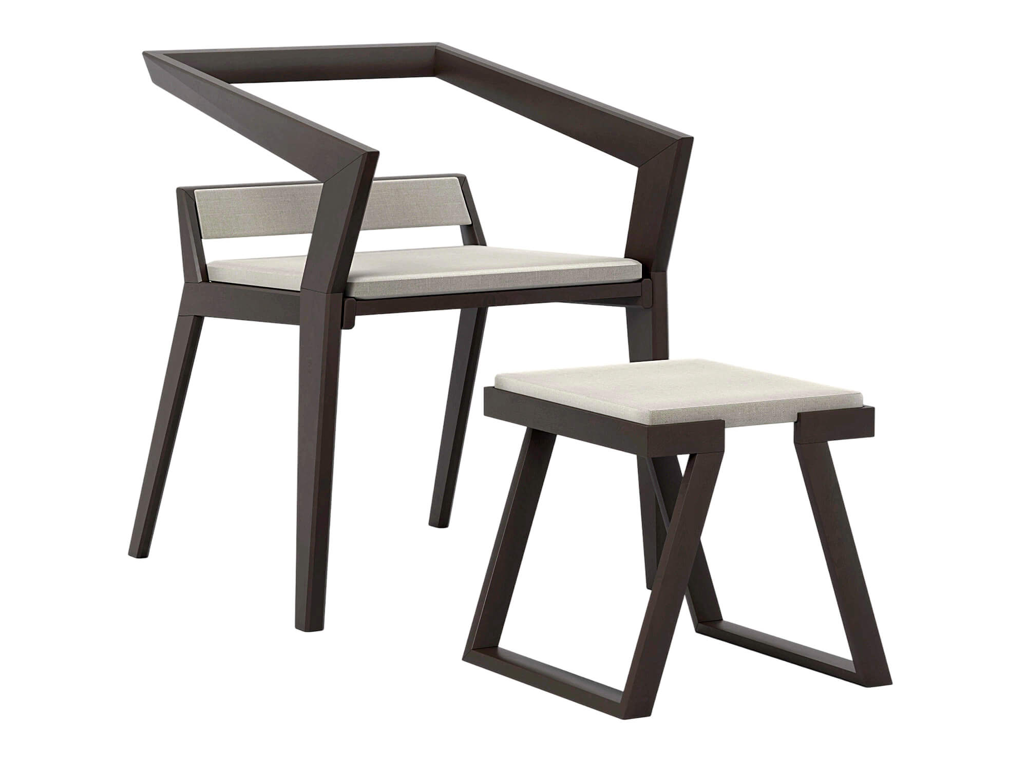 Dark Angular Frame Chair and Matching Stool with Light 3D Model