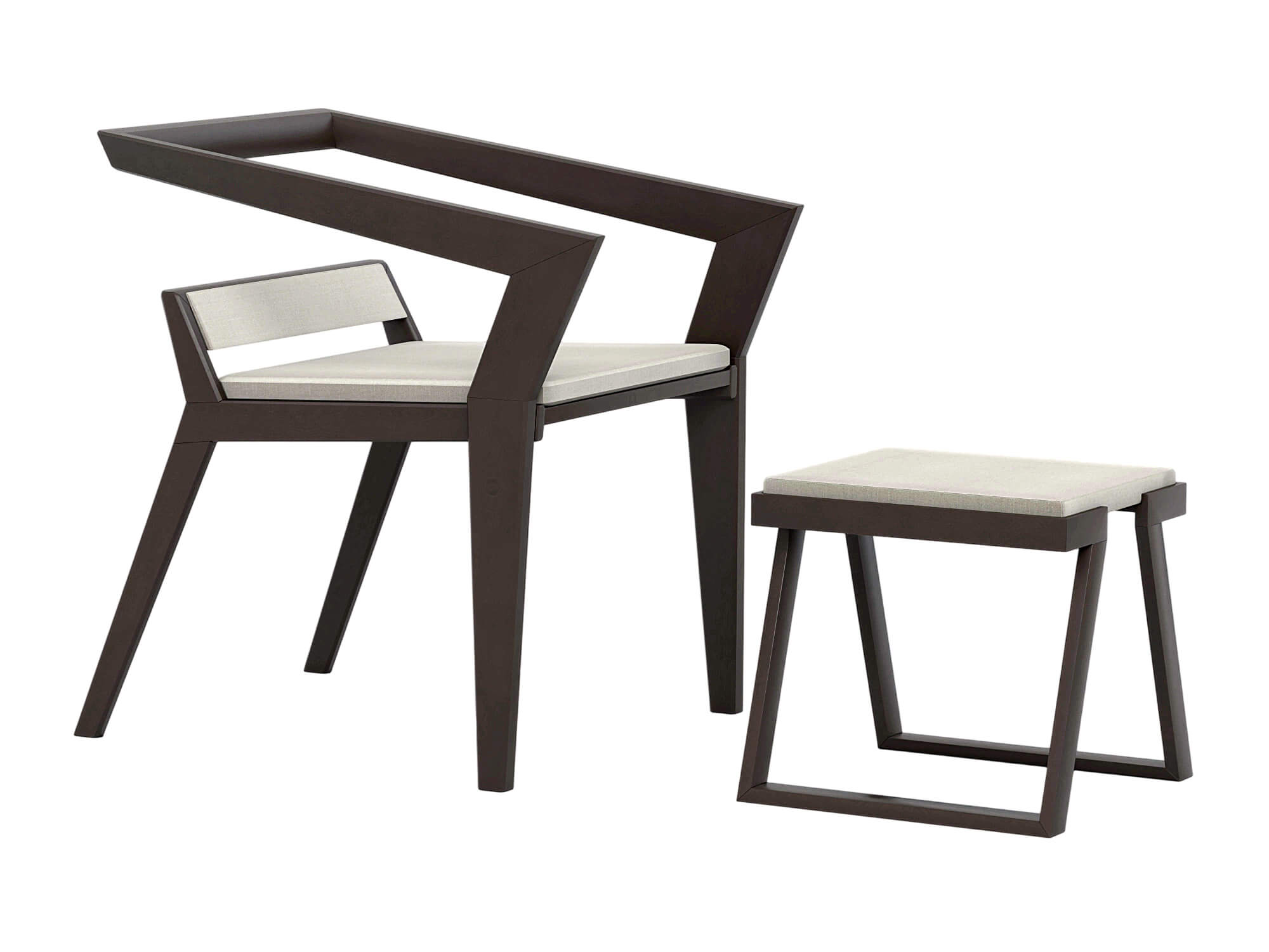 Dark Angular Frame Chair and Matching Stool with Light 3D Model