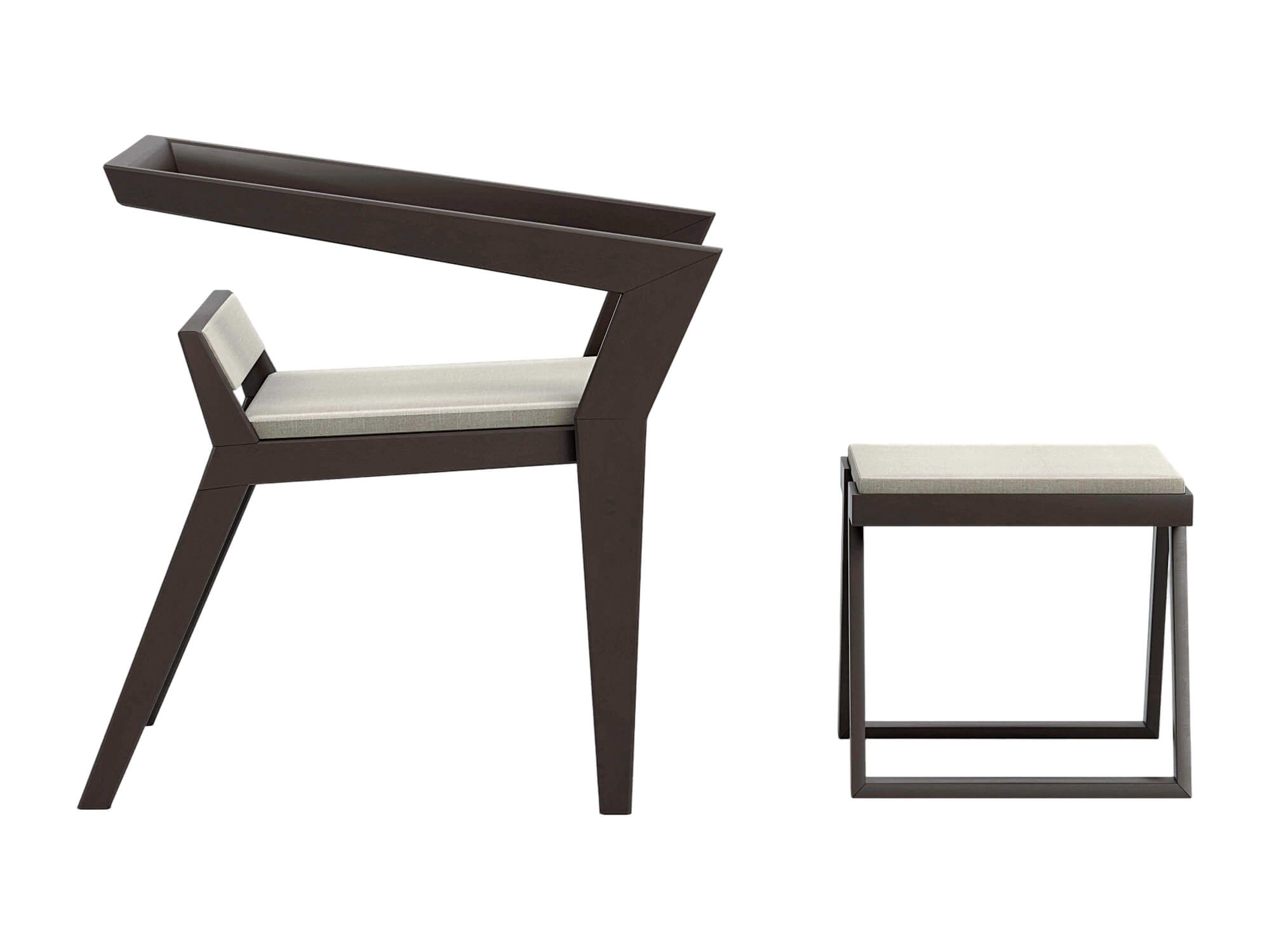 Dark Angular Frame Chair and Matching Stool with Light 3D Model