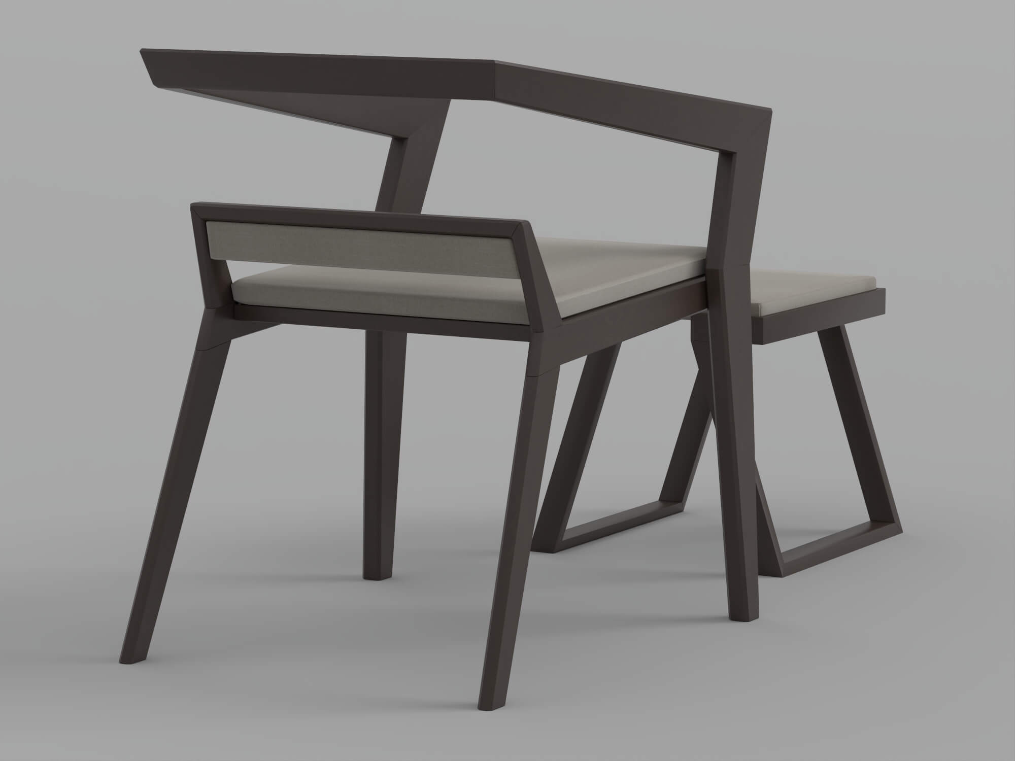Dark Angular Frame Chair and Matching Stool with Light 3D Model