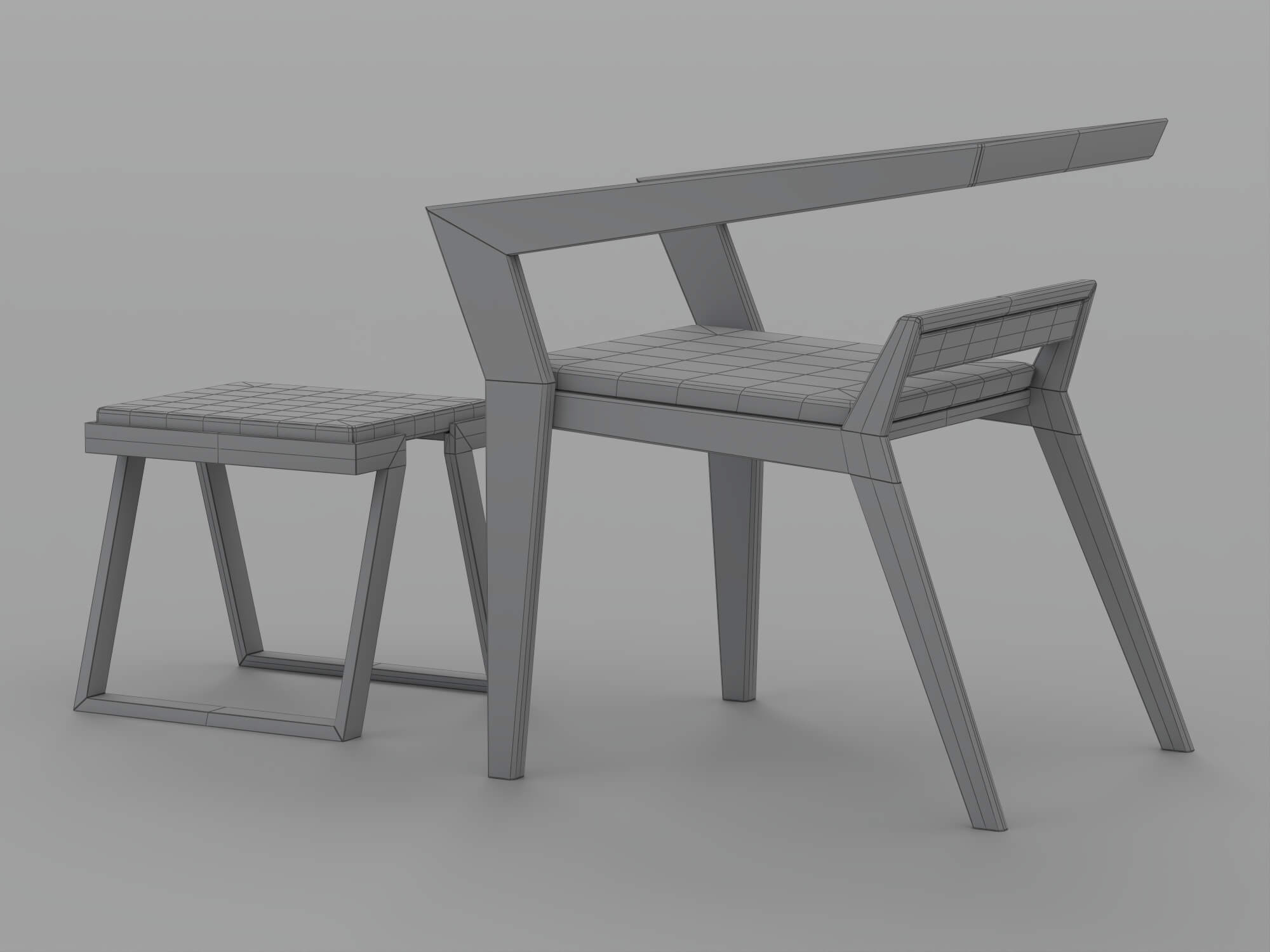 Dark Angular Frame Chair and Matching Stool with Light 3D Model