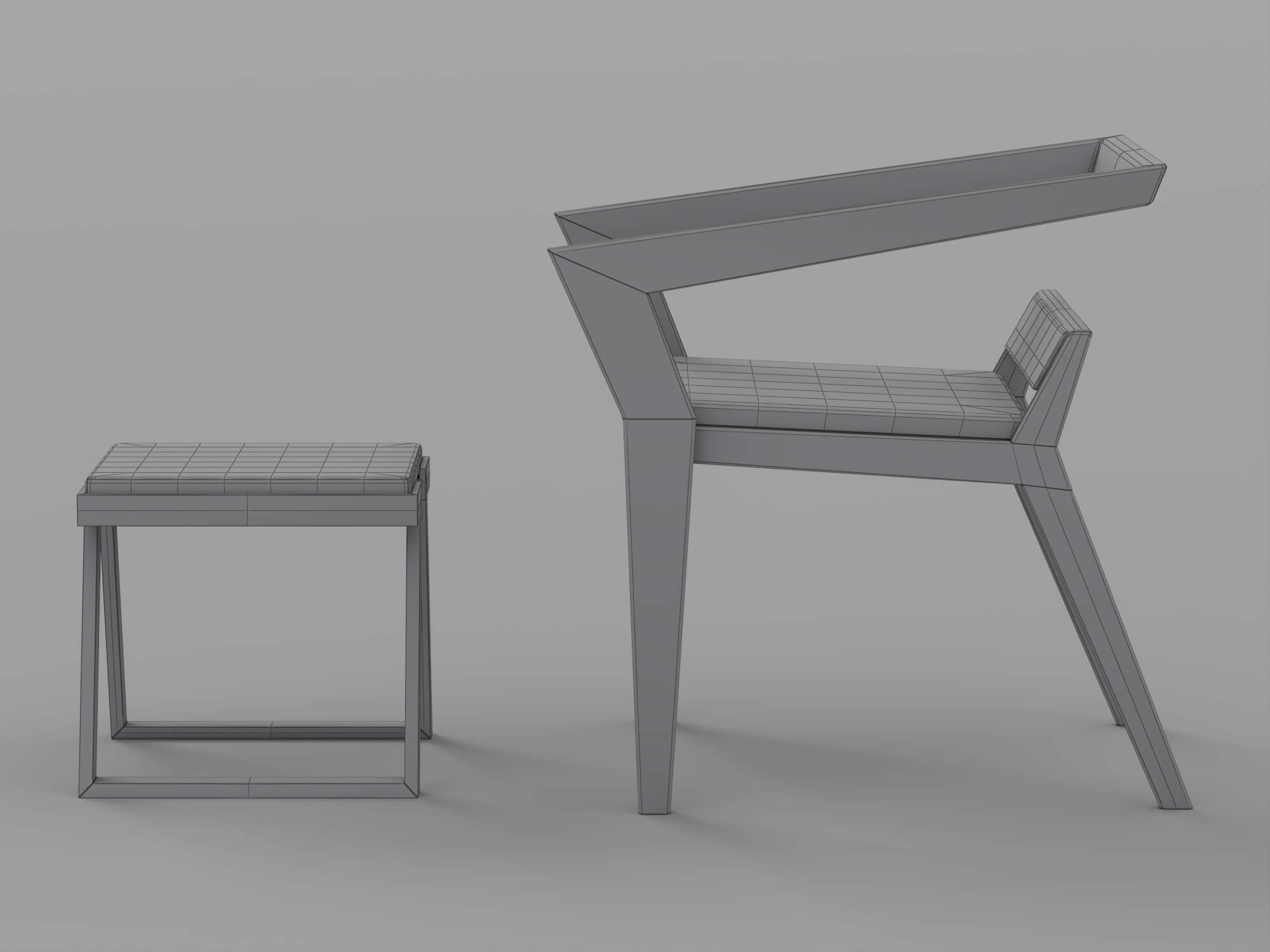 Dark Angular Frame Chair and Matching Stool with Light 3D Model