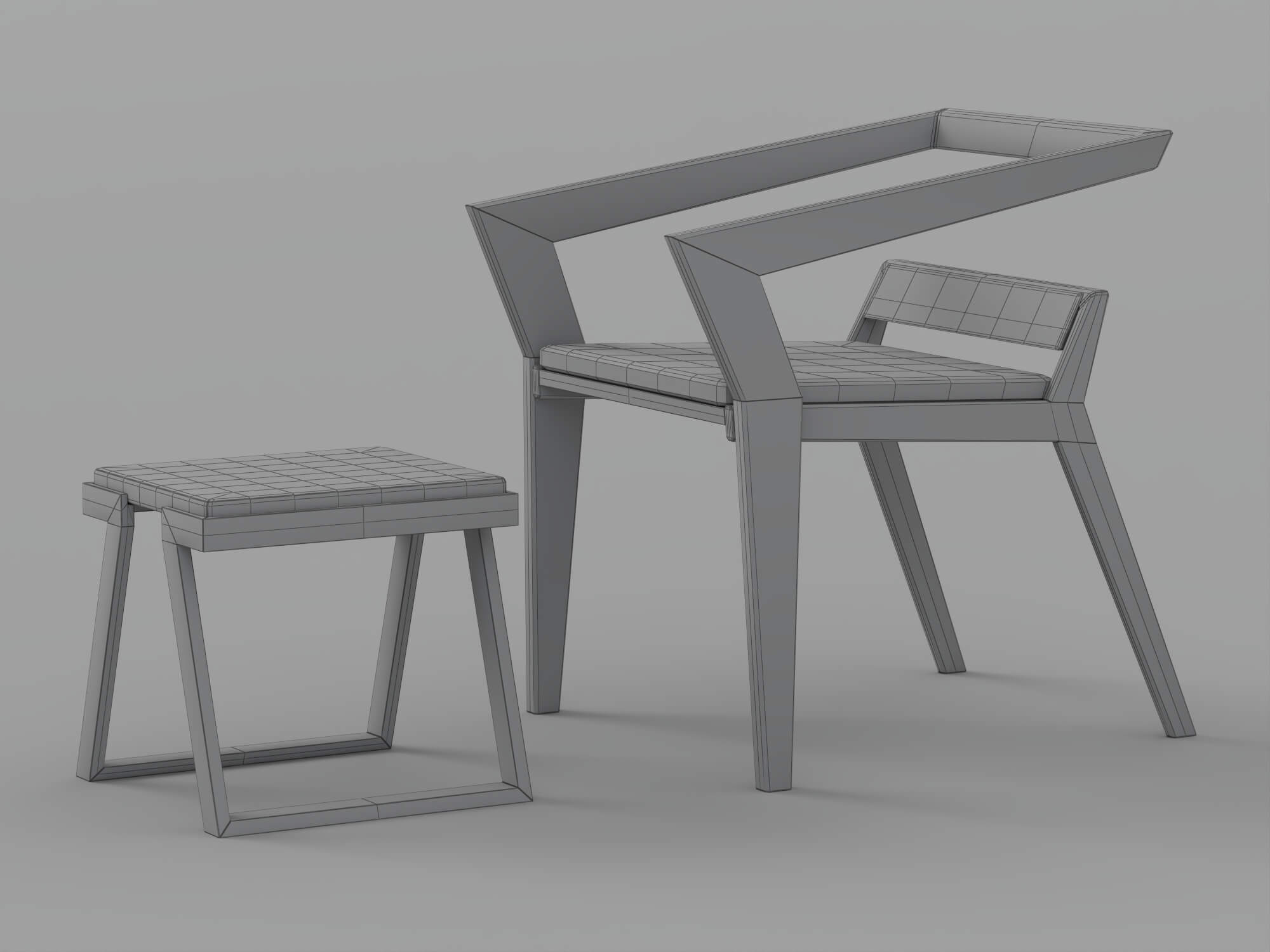 Dark Angular Frame Chair and Matching Stool with Light 3D Model