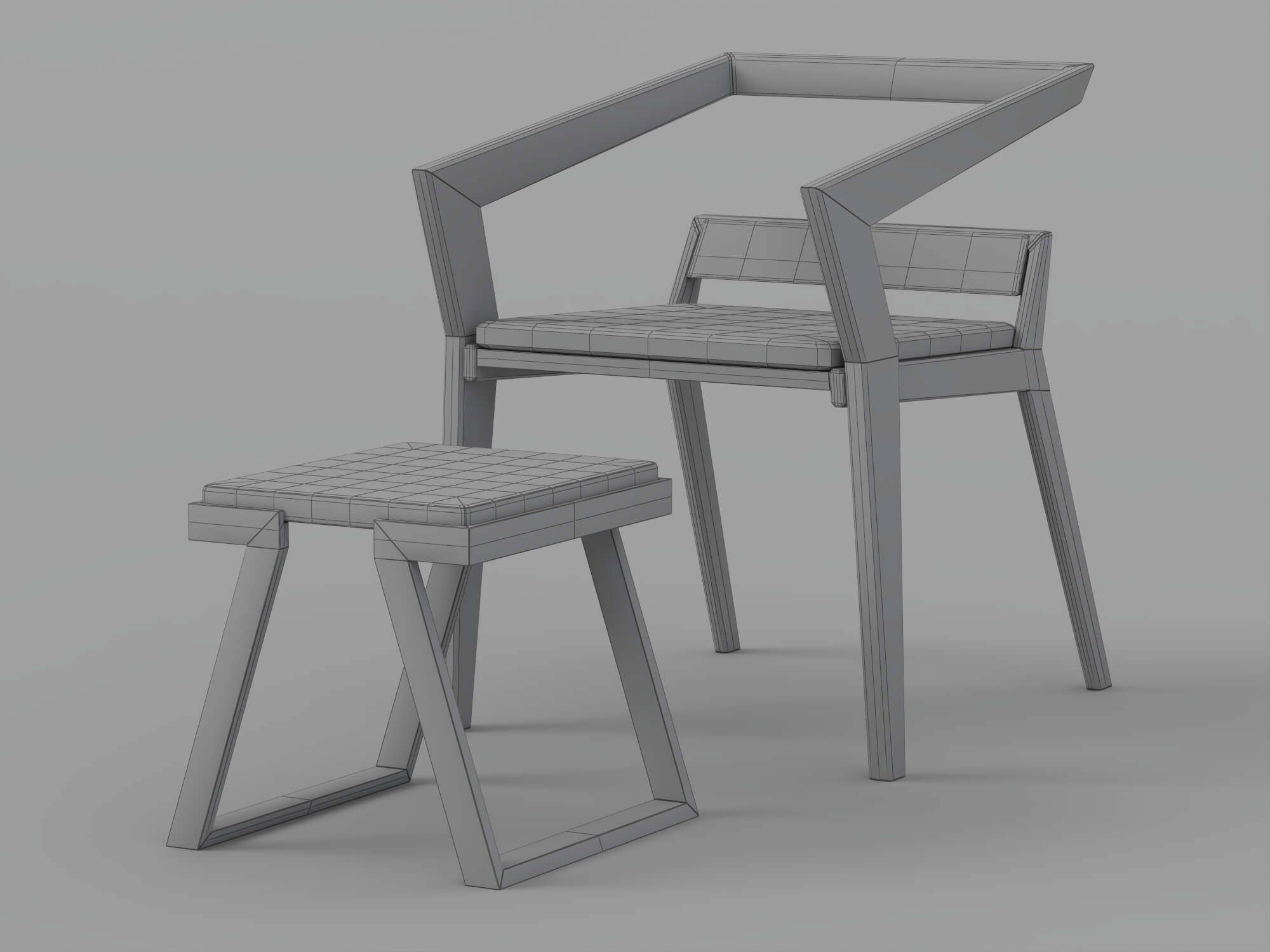 Dark Angular Frame Chair and Matching Stool with Light 3D Model