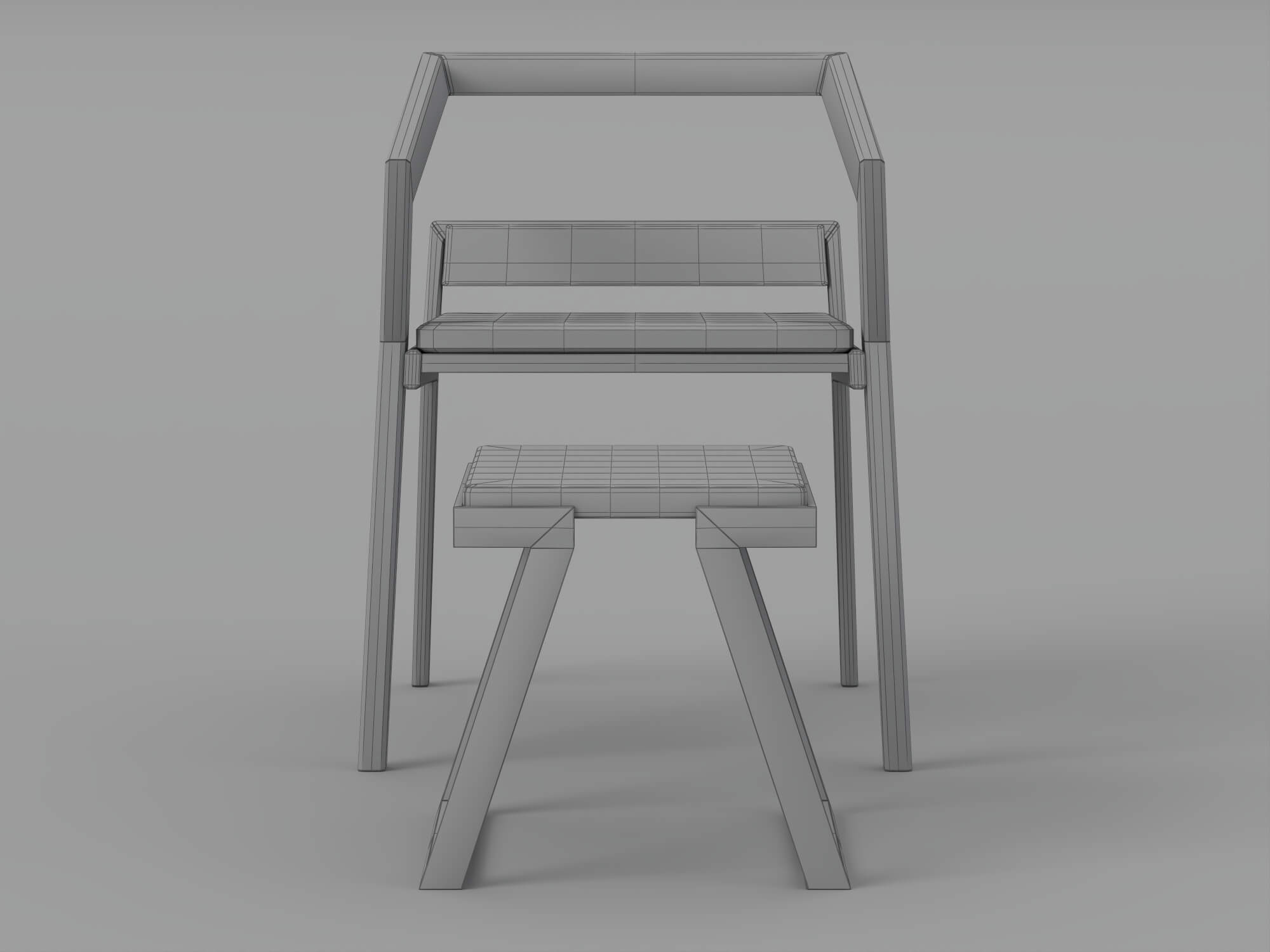 Dark Angular Frame Chair and Matching Stool with Light 3D Model