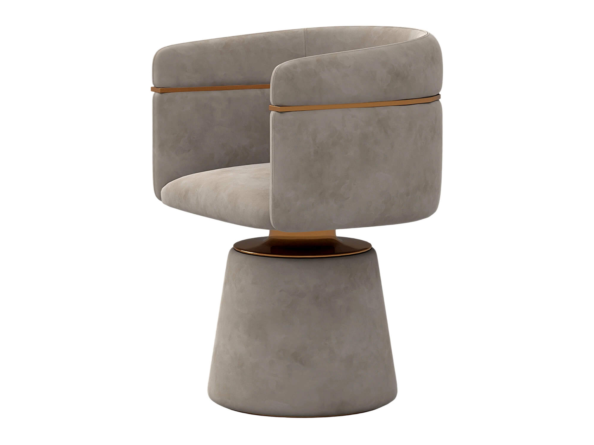 Gray Upholstered Swivel Armchair with Gold Accents and 3D Model