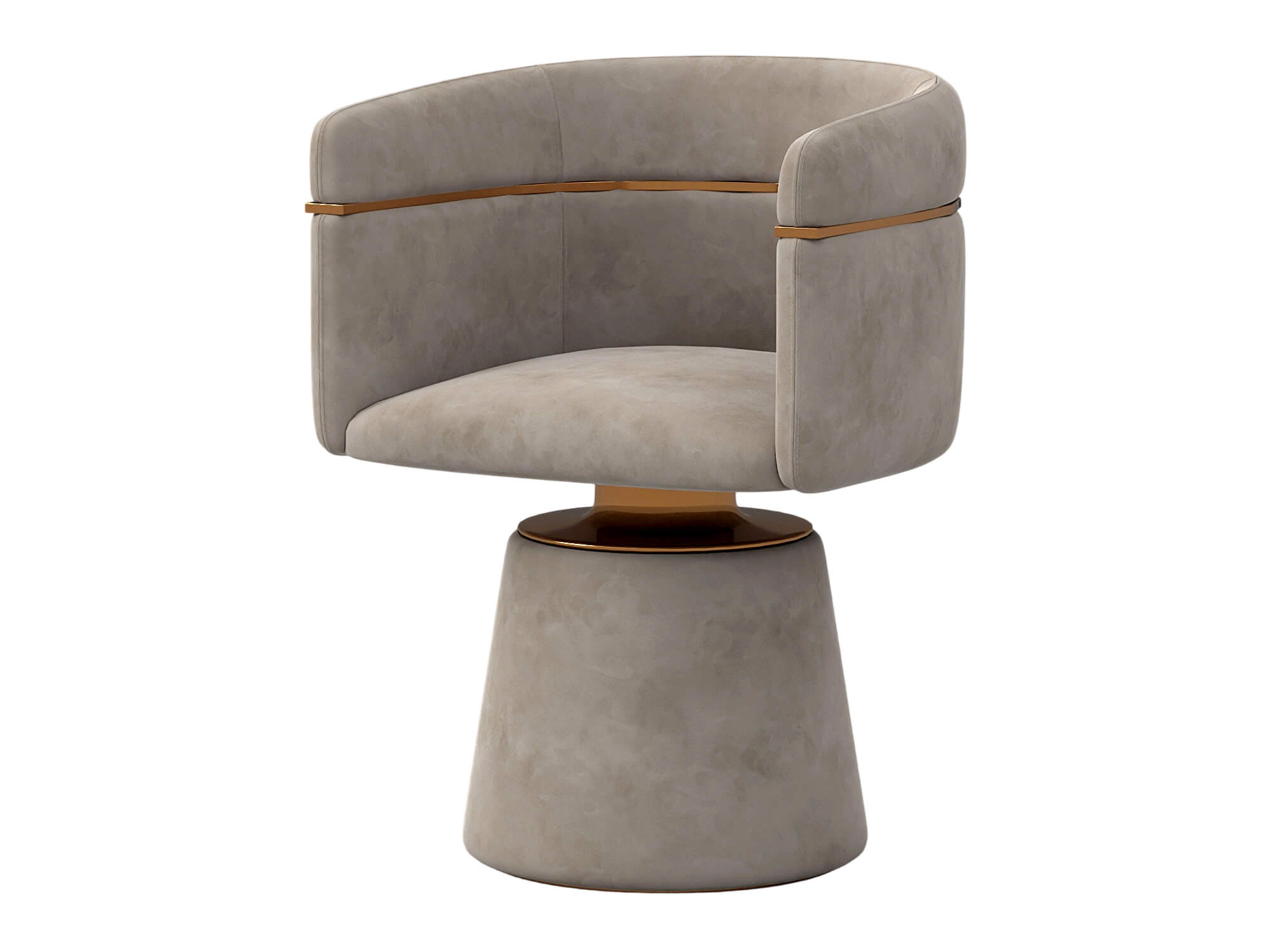 Gray Upholstered Swivel Armchair with Gold Accents and 3D Model