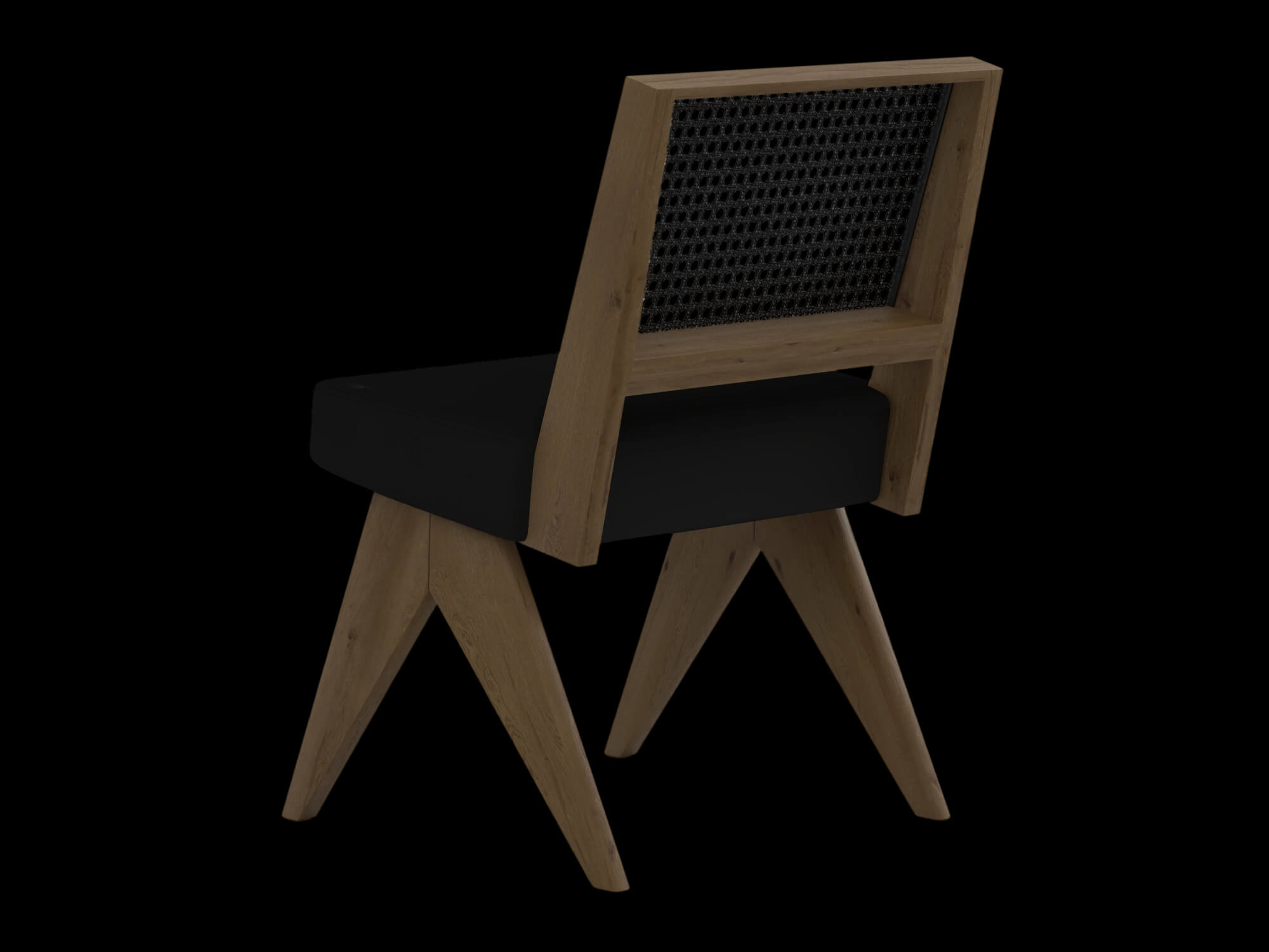Light Wood Cane Back Chair with Black Cushion 3D Model