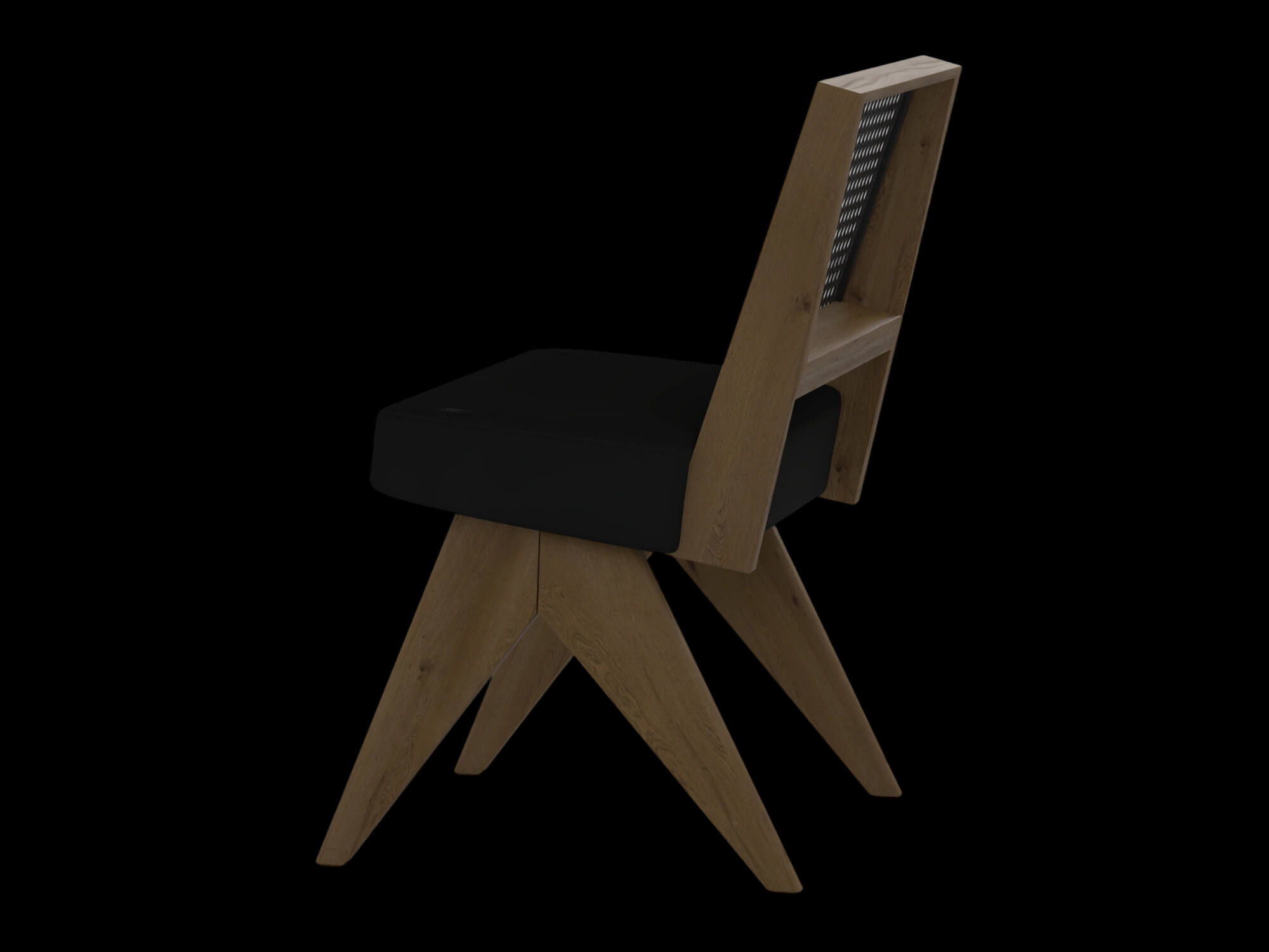 Light Wood Cane Back Chair with Black Cushion 3D Model