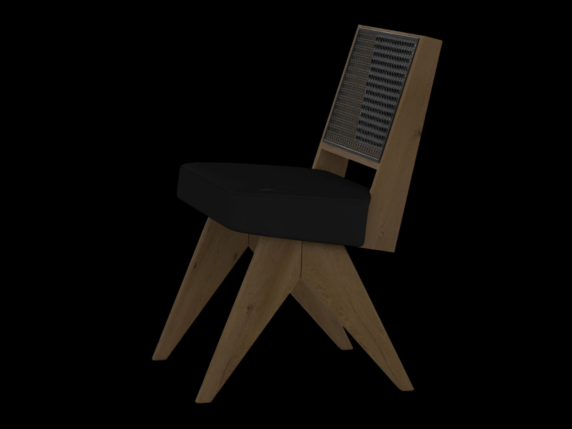 Light Wood Cane Back Chair with Black Cushion 3D Model