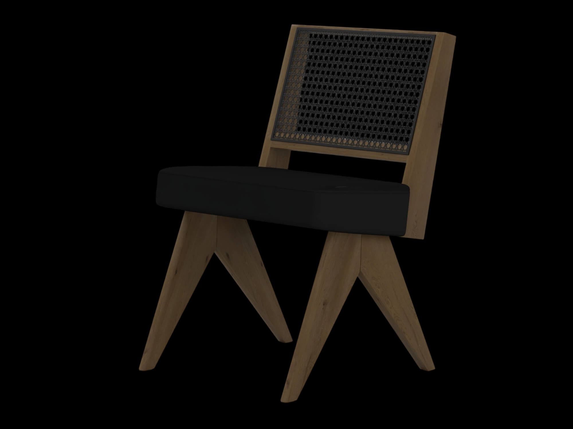 Light Wood Cane Back Chair with Black Cushion 3D Model