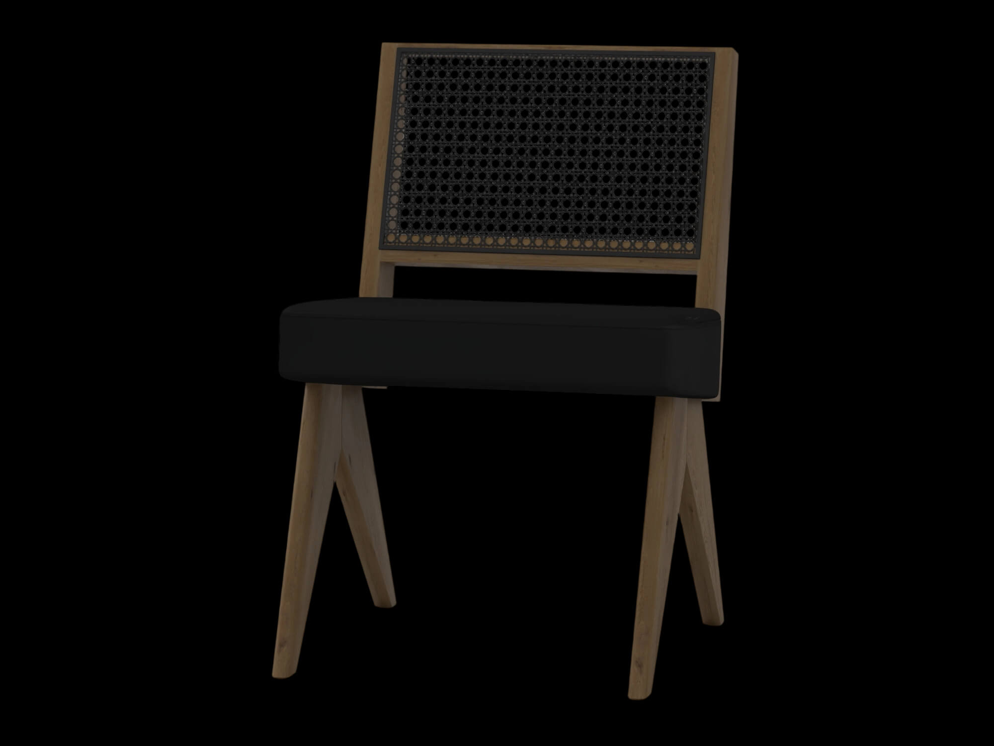 Light Wood Cane Back Chair with Black Cushion 3D Model