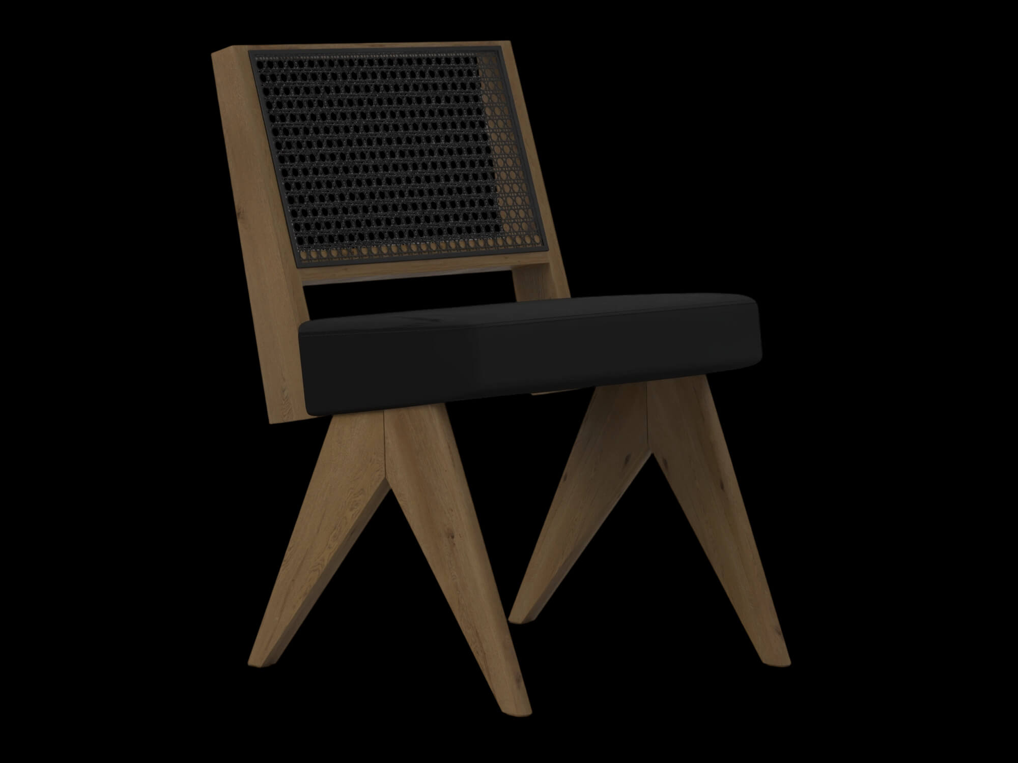 Light Wood Cane Back Chair with Black Cushion 3D Model