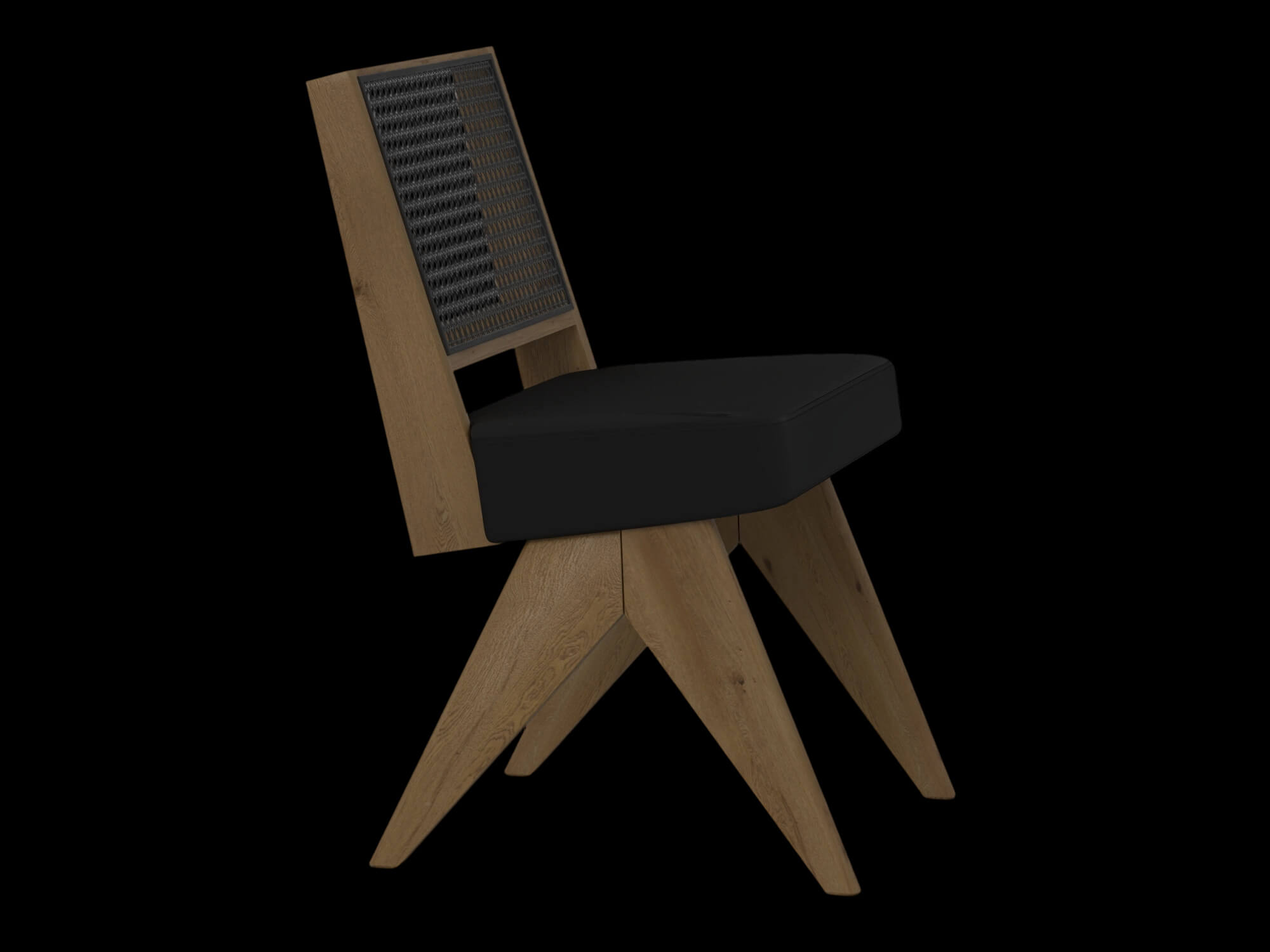Light Wood Cane Back Chair with Black Cushion 3D Model
