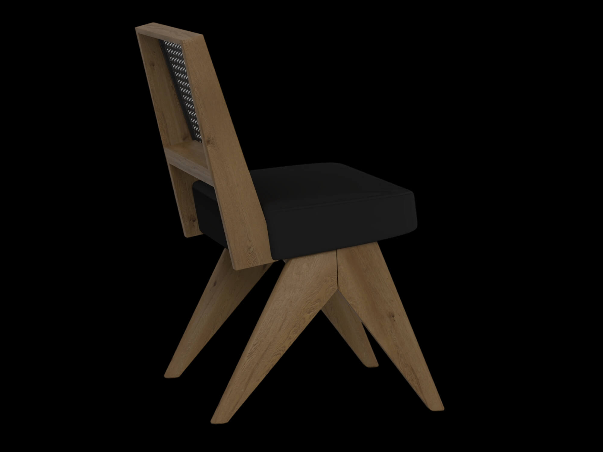 Light Wood Cane Back Chair with Black Cushion 3D Model