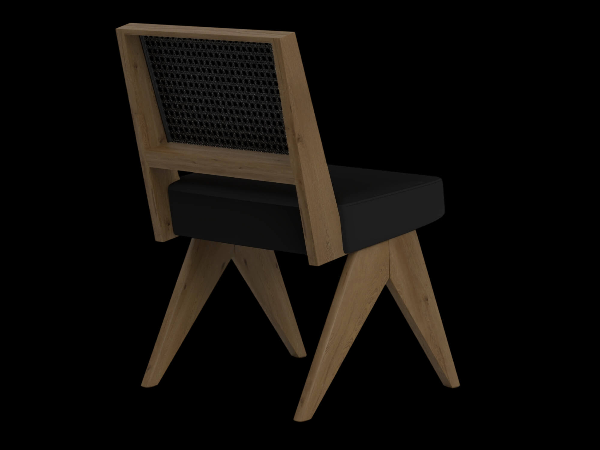 Light Wood Cane Back Chair with Black Cushion 3D Model