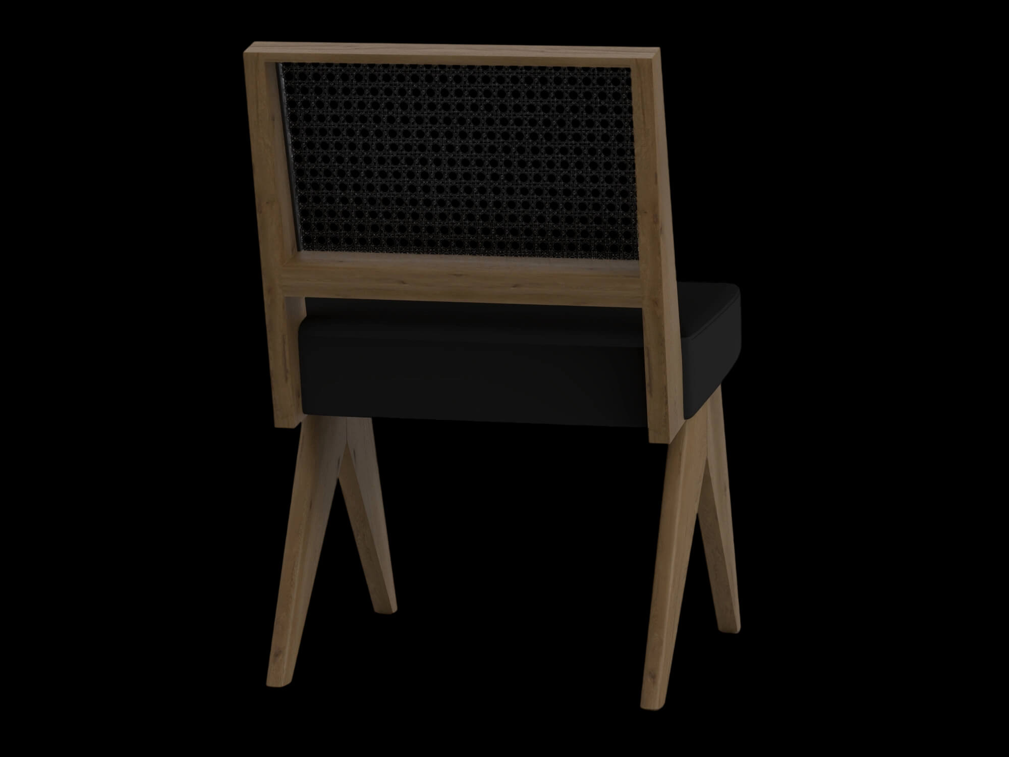 Light Wood Cane Back Chair with Black Cushion 3D Model