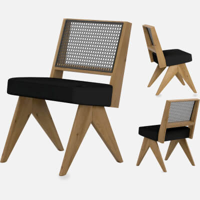 Light Wood Cane Back Chair with Black Cushion
