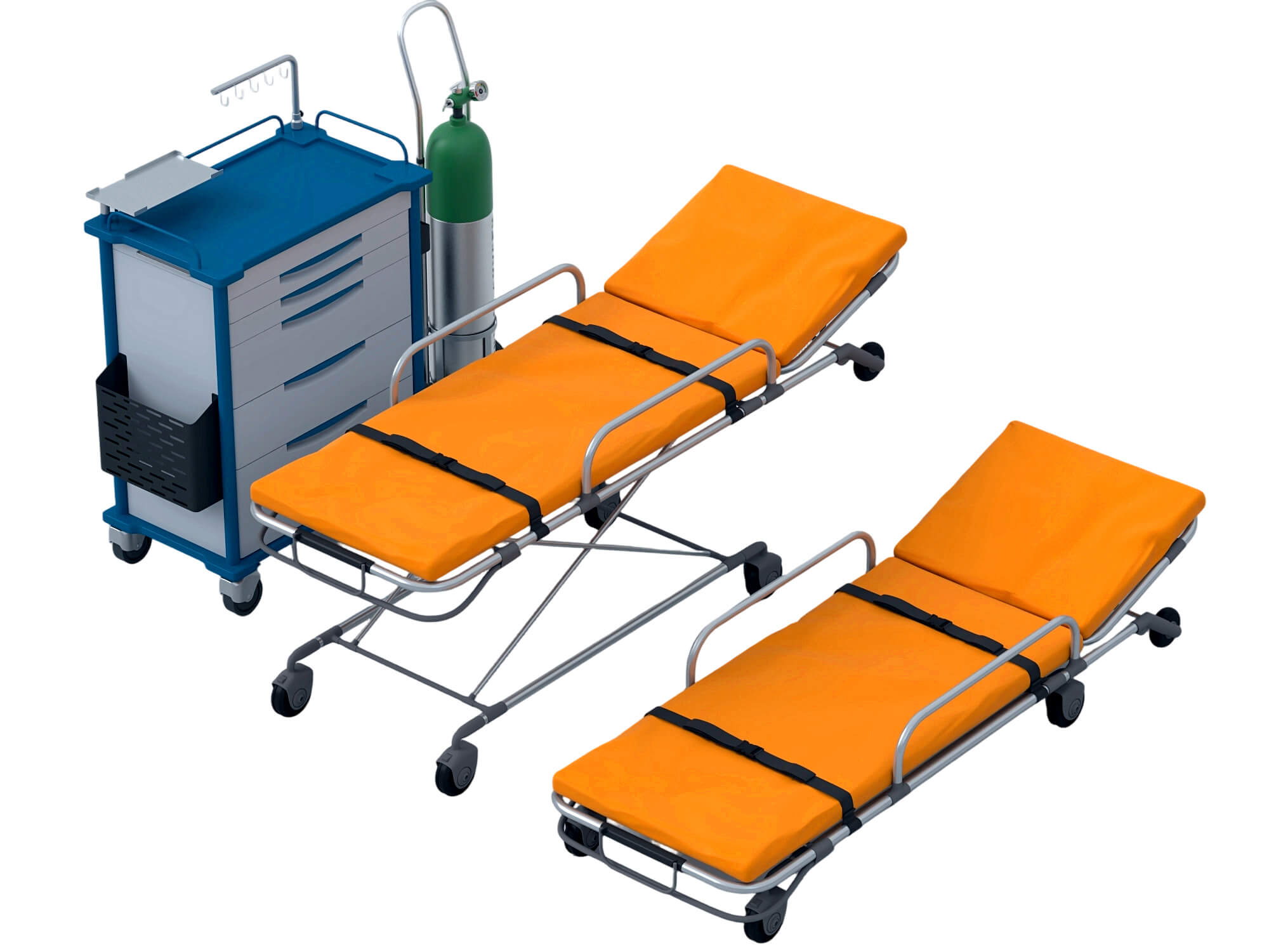 Medical Emergency Stretchers Cart And Oxygen Tank Set 3D Model