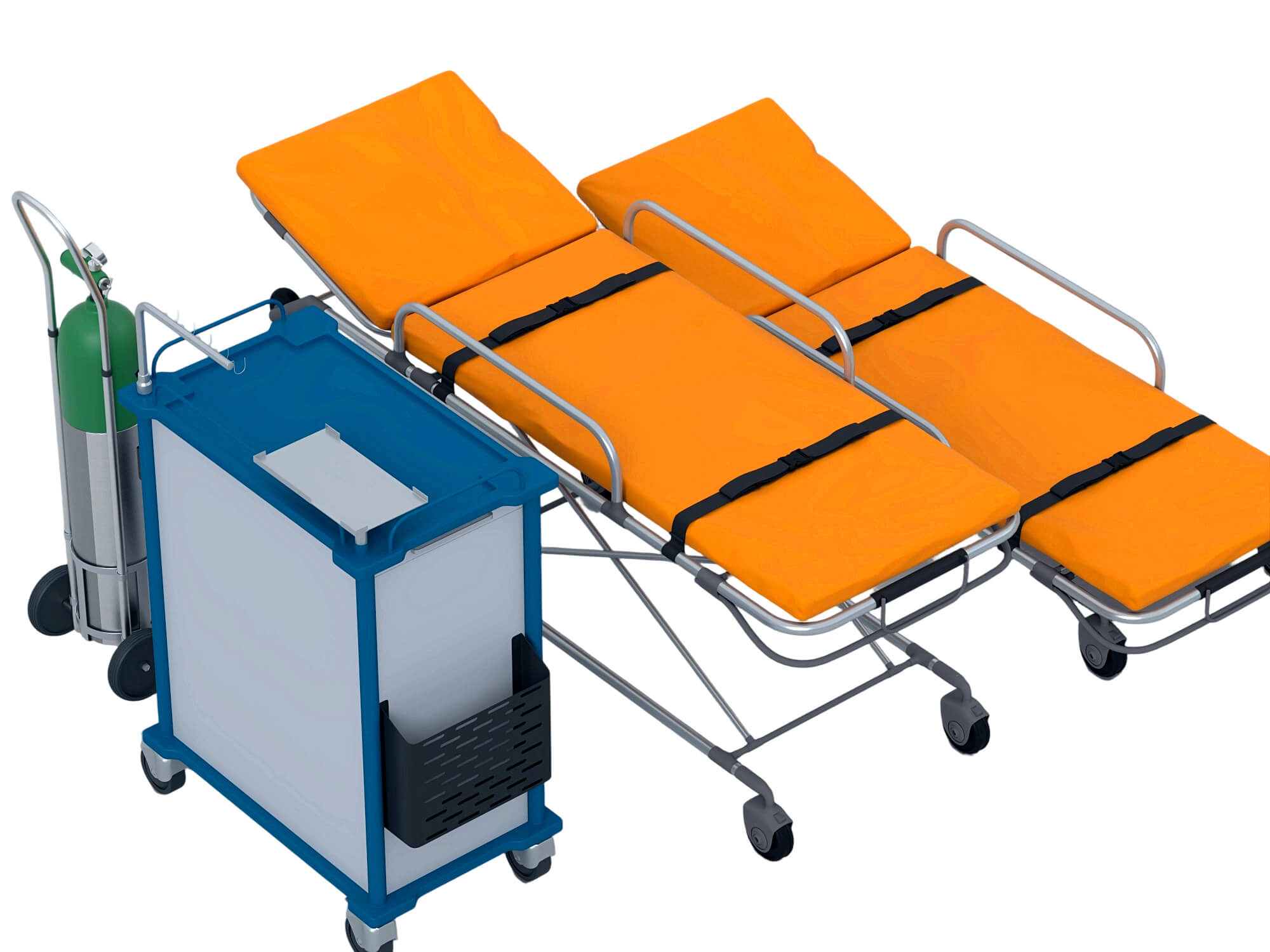 Medical Emergency Stretchers Cart And Oxygen Tank Set 3D Model