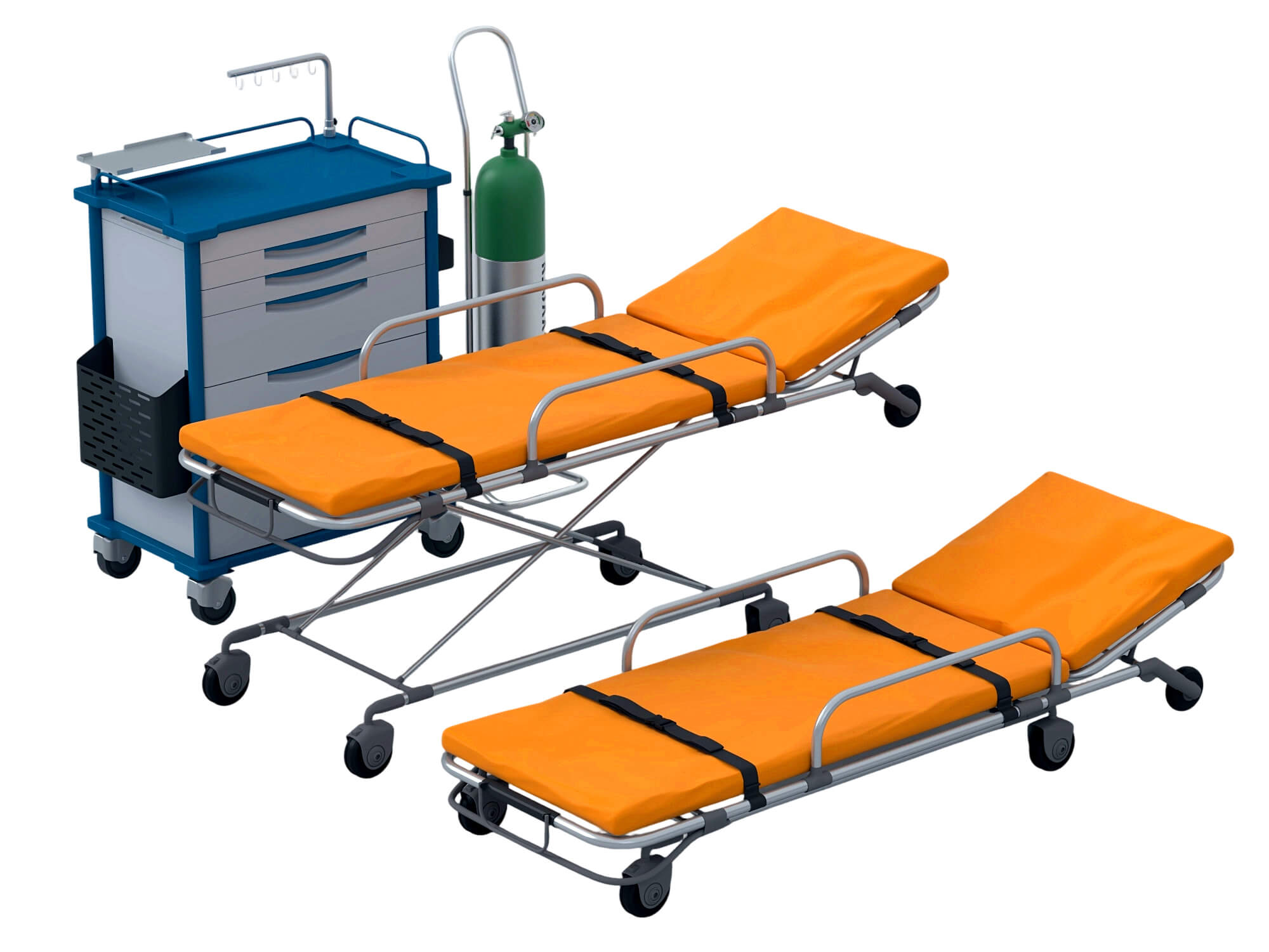 Medical Emergency Stretchers Cart And Oxygen Tank Set 3D Model