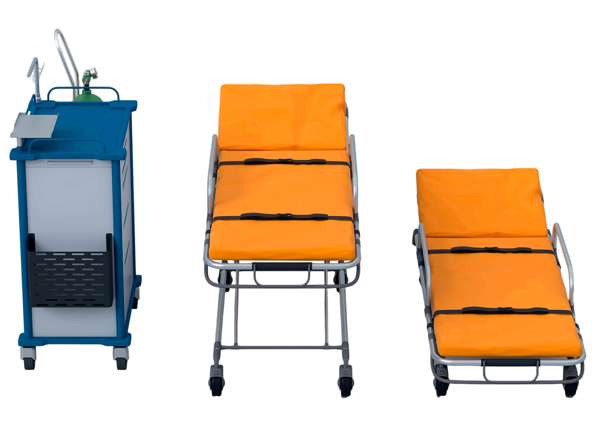 Medical Emergency Stretchers Cart And Oxygen Tank Set 3D Model