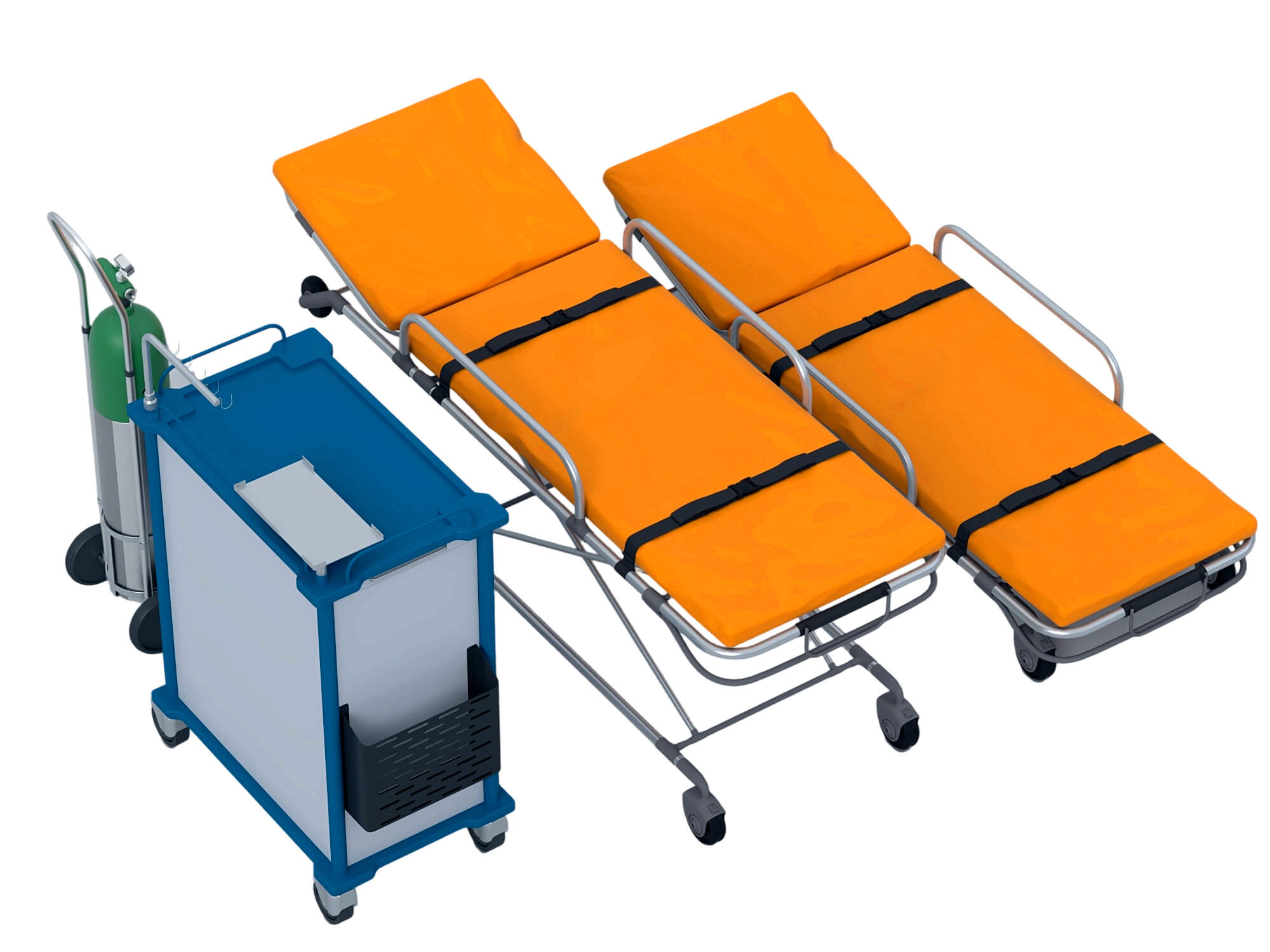 Medical Emergency Stretchers Cart And Oxygen Tank Set 3D Model