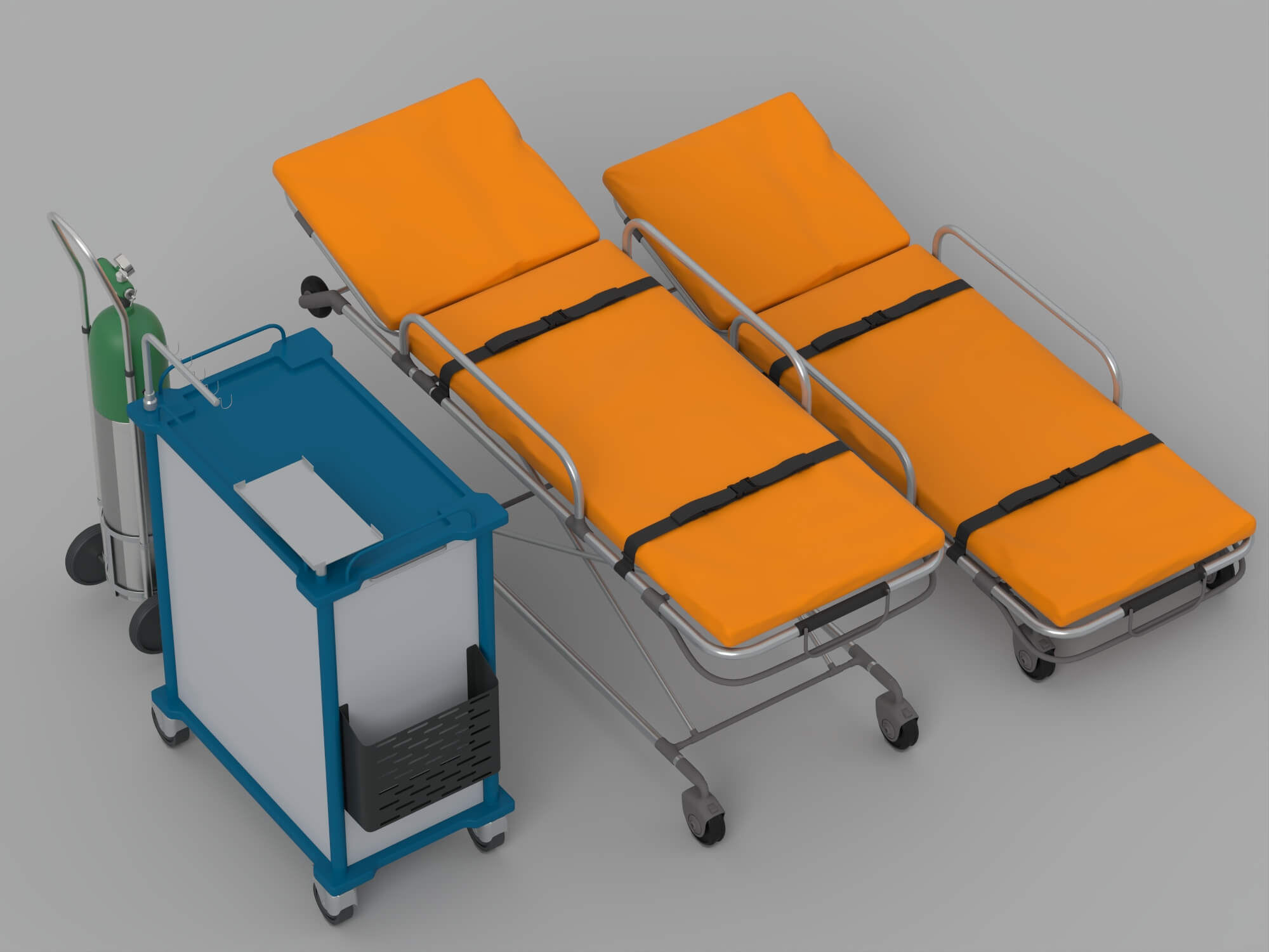 Medical Emergency Stretchers Cart And Oxygen Tank Set 3D Model
