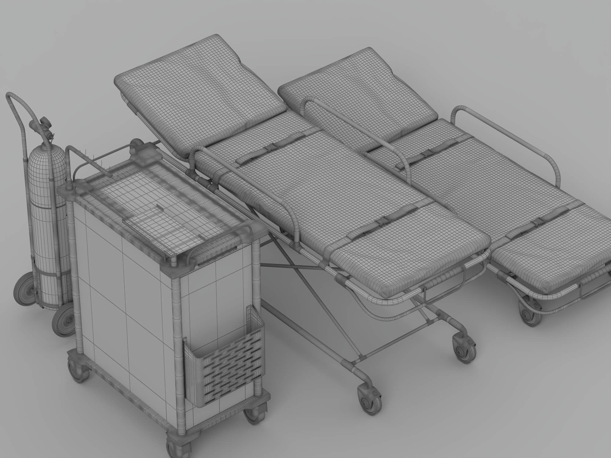 Medical Emergency Stretchers Cart And Oxygen Tank Set 3D Model