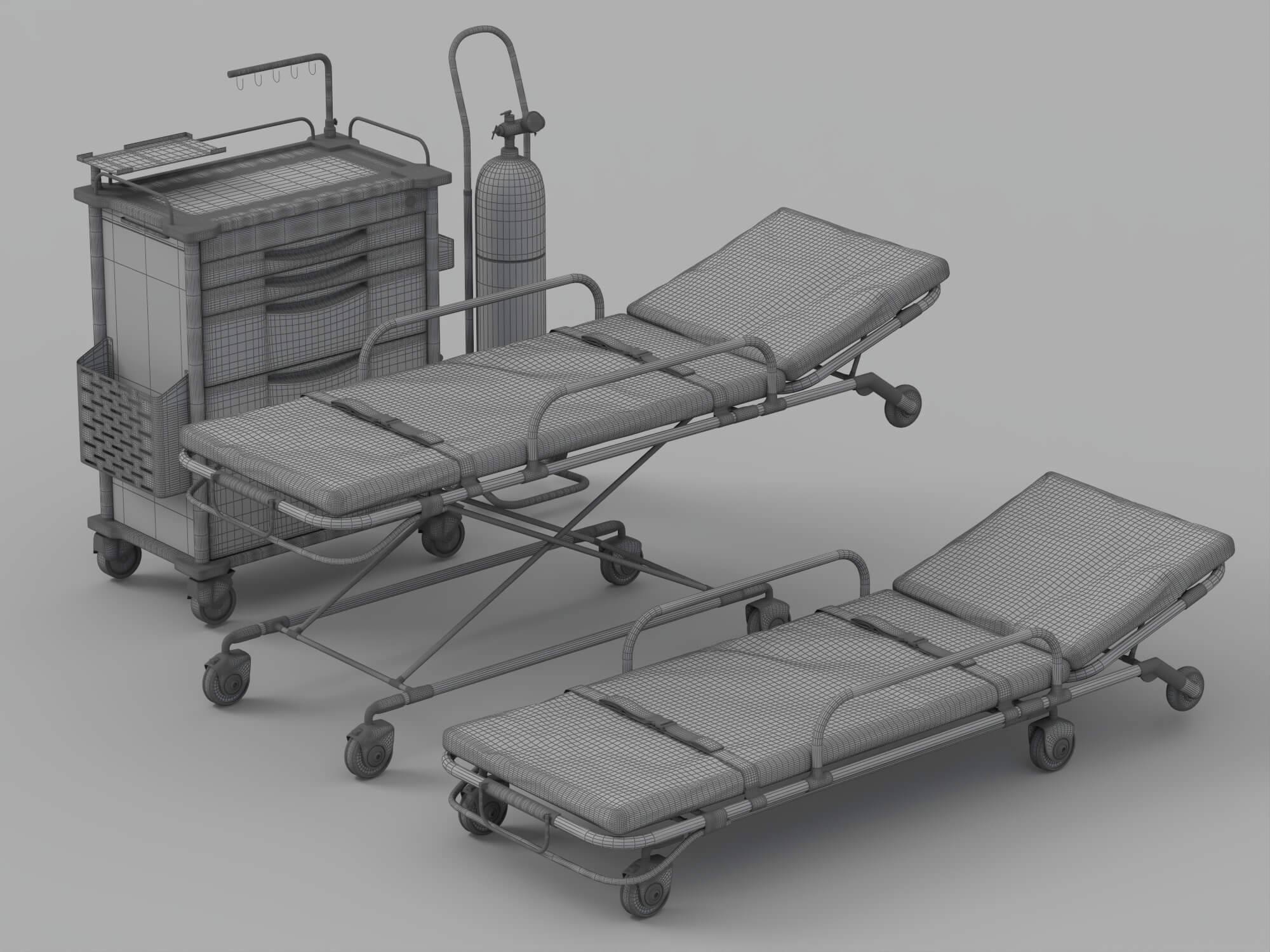 Medical Emergency Stretchers Cart And Oxygen Tank Set 3D Model